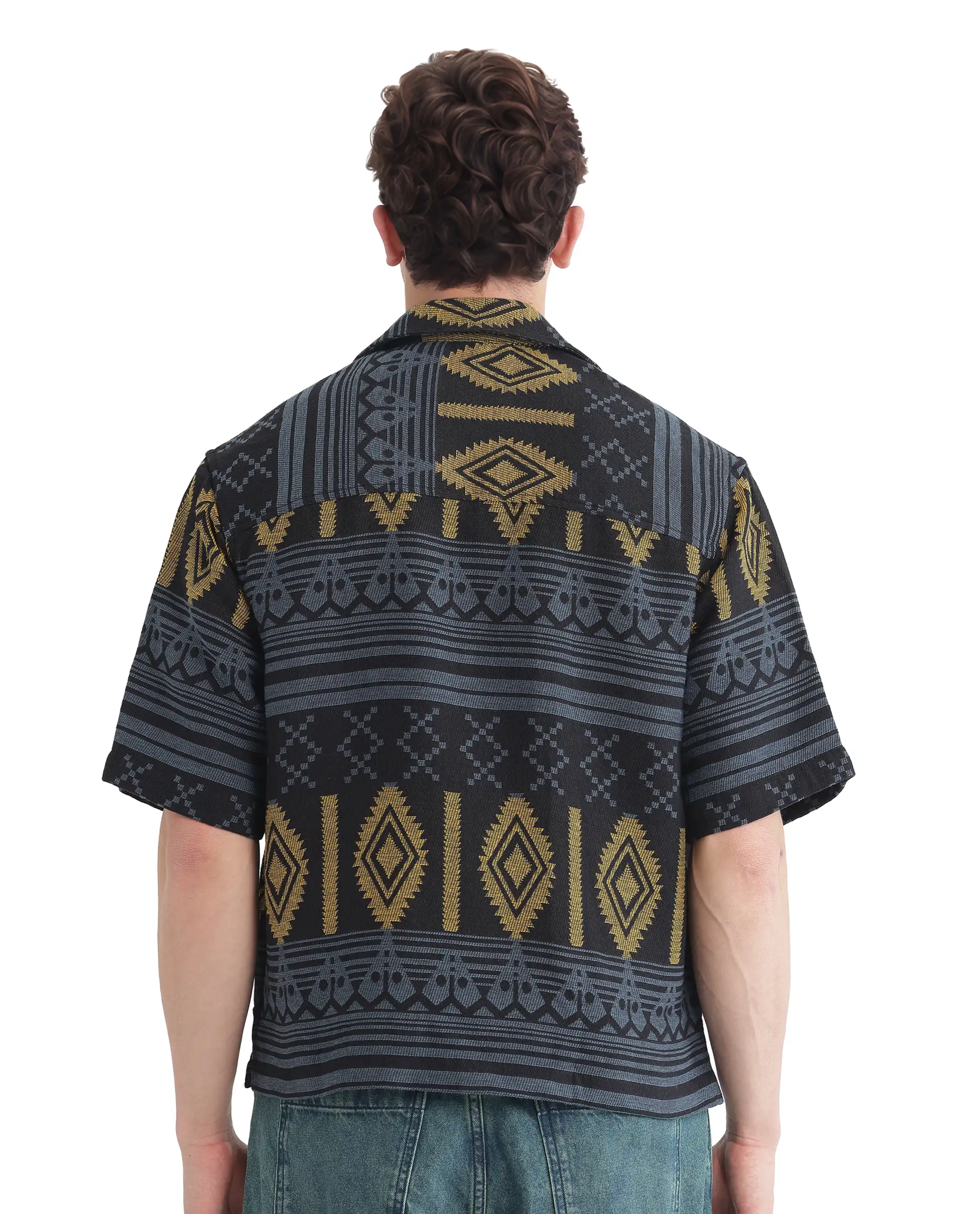 Rare Rabbit Men's Aztek Teal Cotton Jacquard Boxy Fit Half Sleeve Cuban Collar Shirt - Image 5