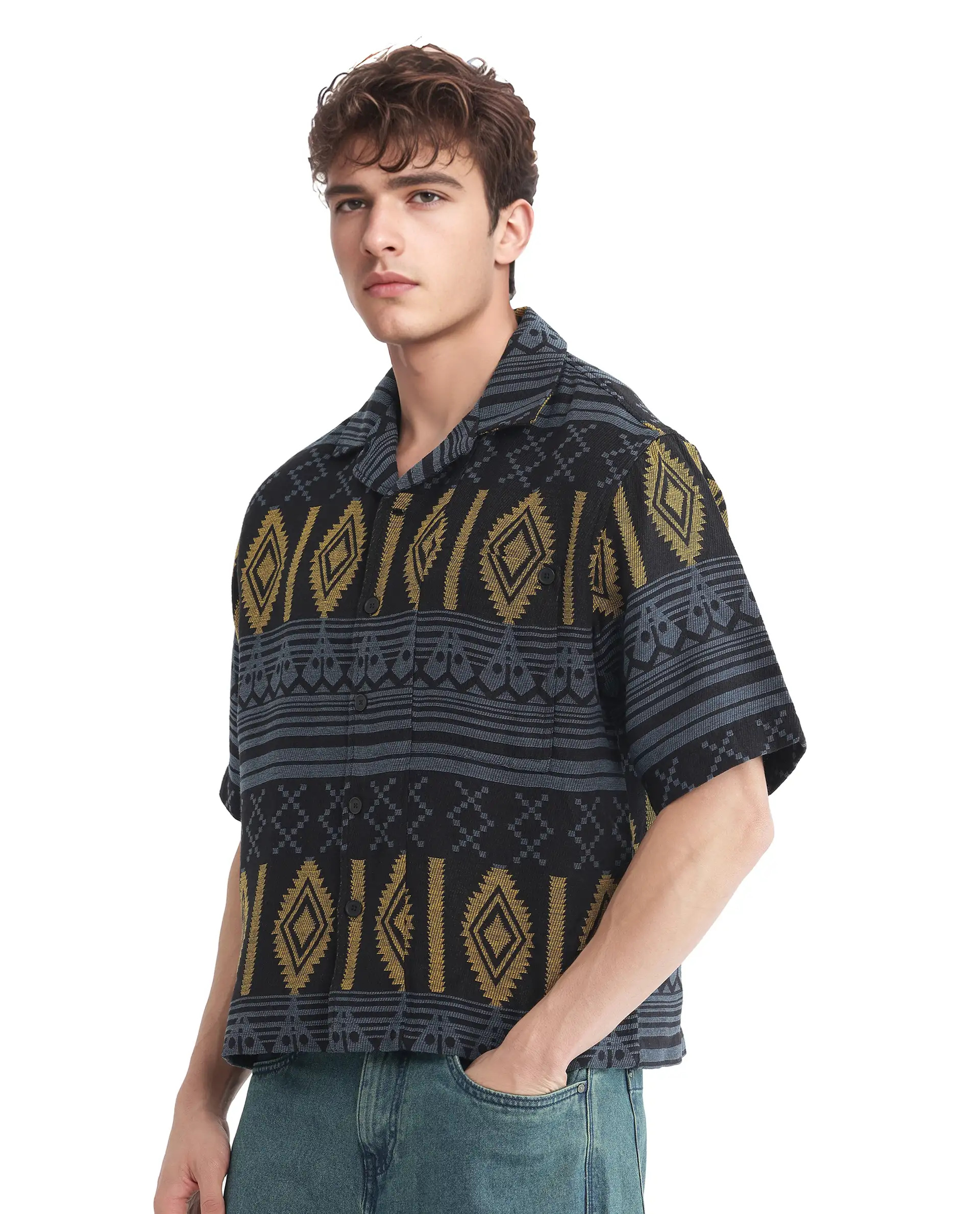Rare Rabbit Men's Aztek Teal Cotton Jacquard Boxy Fit Half Sleeve Cuban Collar Shirt - Image 6