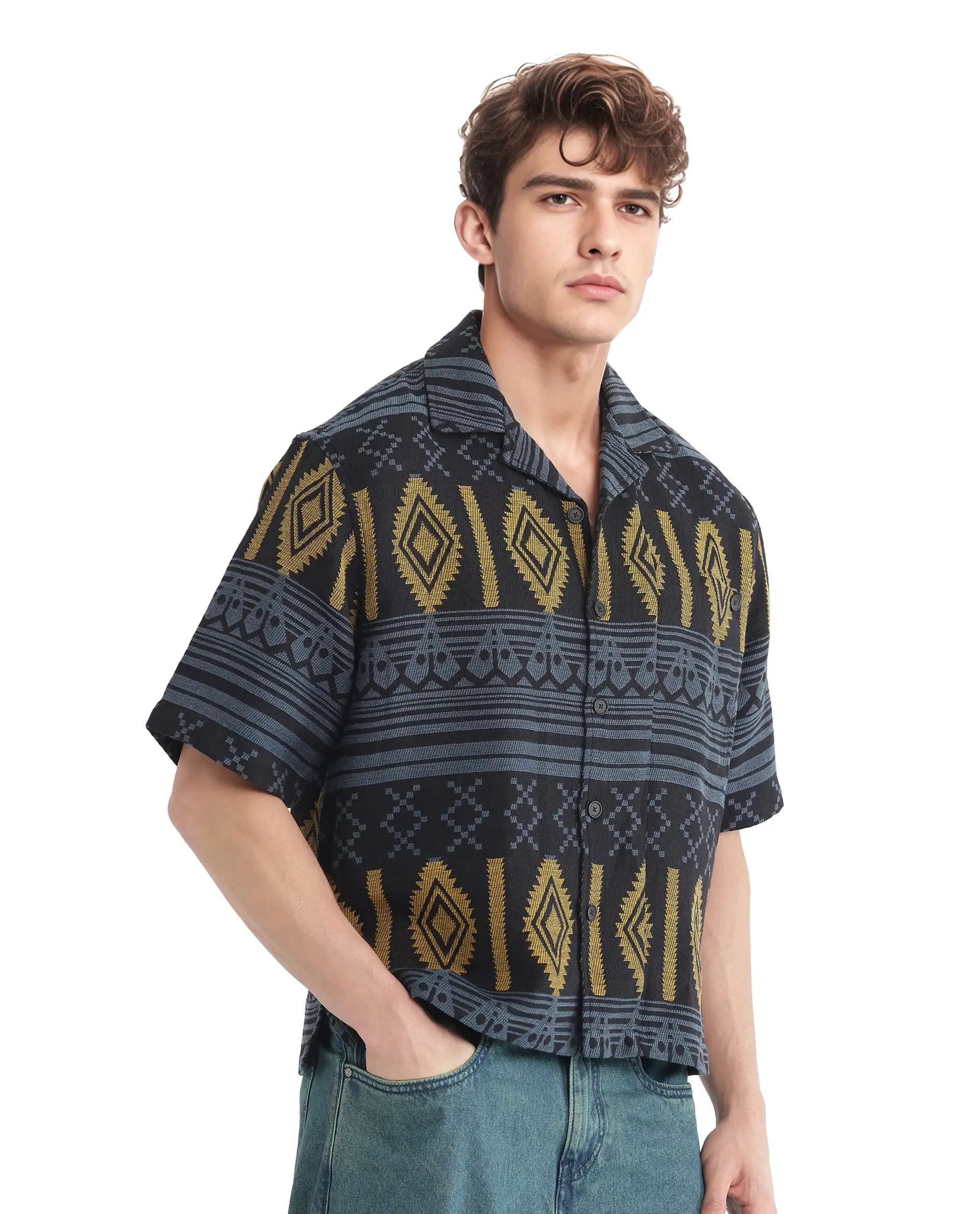 Rare Rabbit Men's Aztek Teal Cotton Jacquard Boxy Fit Half Sleeve Cuban Collar Shirt - Image 7