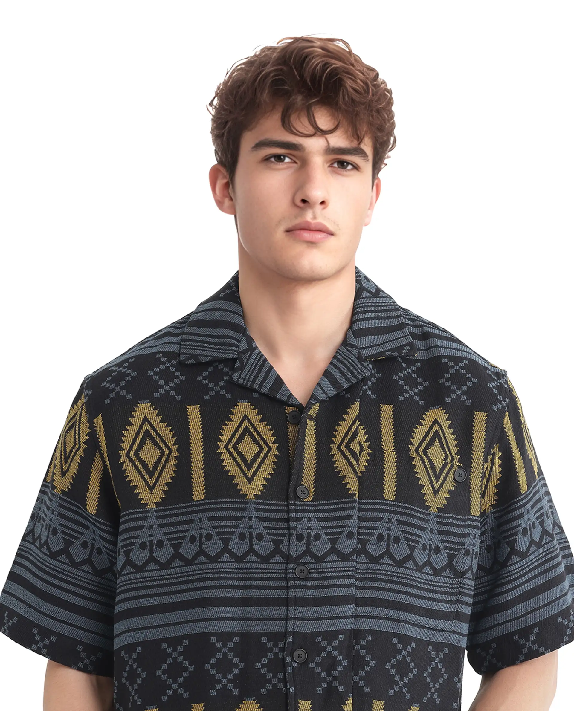 Rare Rabbit Men's Aztek Teal Cotton Jacquard Boxy Fit Half Sleeve Cuban Collar Shirt - Image 8