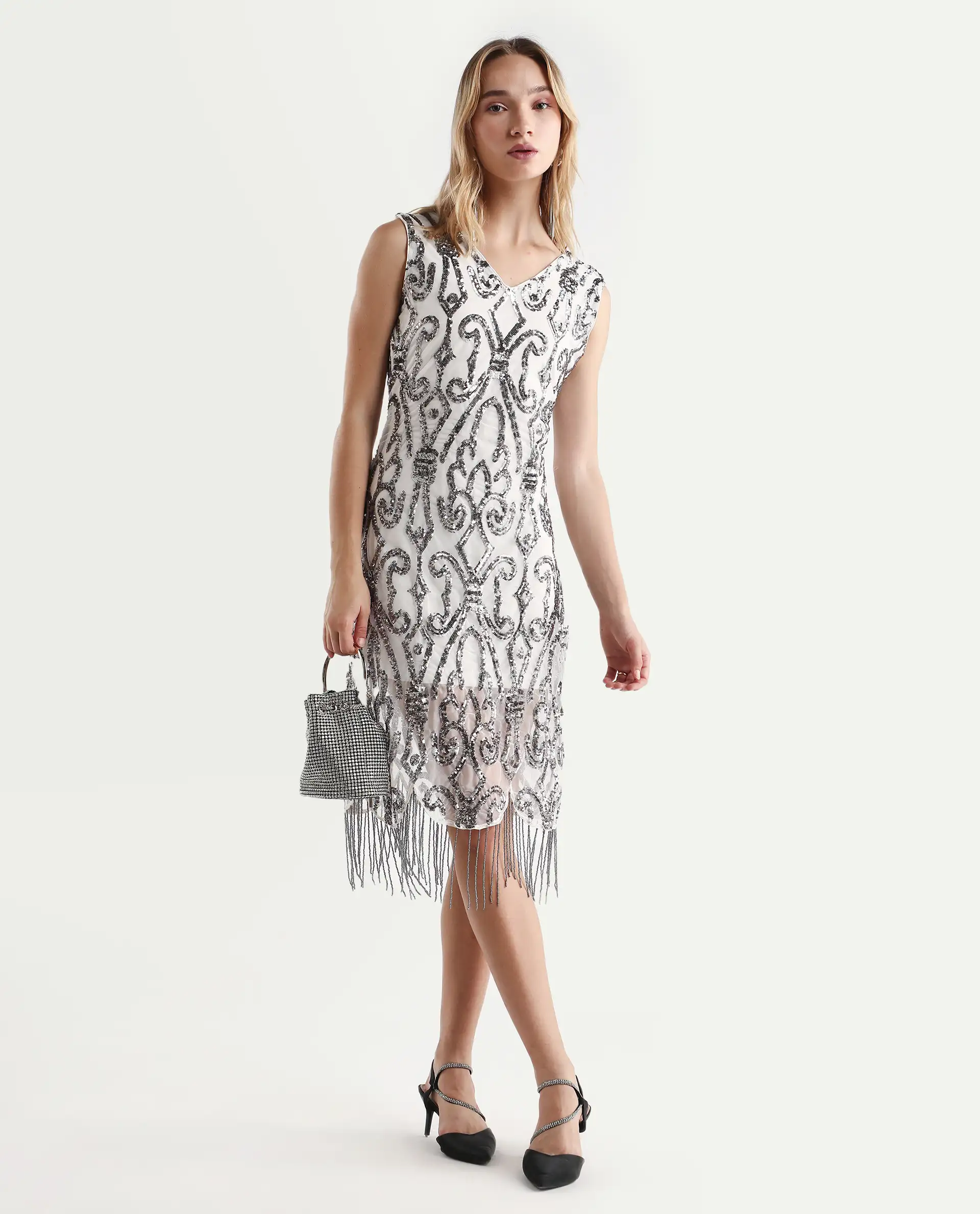 Rareism Women's Aztex Metallic Grey V-Neck Plain Shoulder Strap Mini Bodycon Dress - Image 2