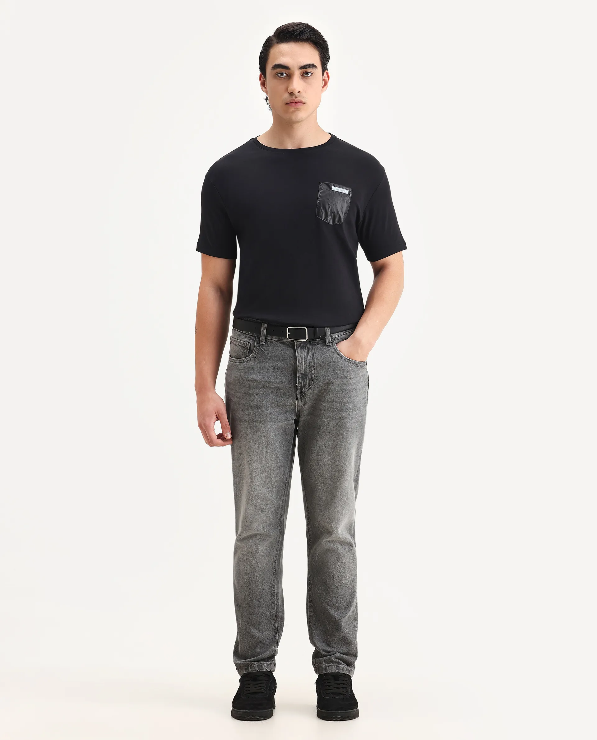 Rare Rabbit Men's Azul Black Cotton Plain Slim Fit Half Sleeve Crew Neck T-Shirt - Image 2