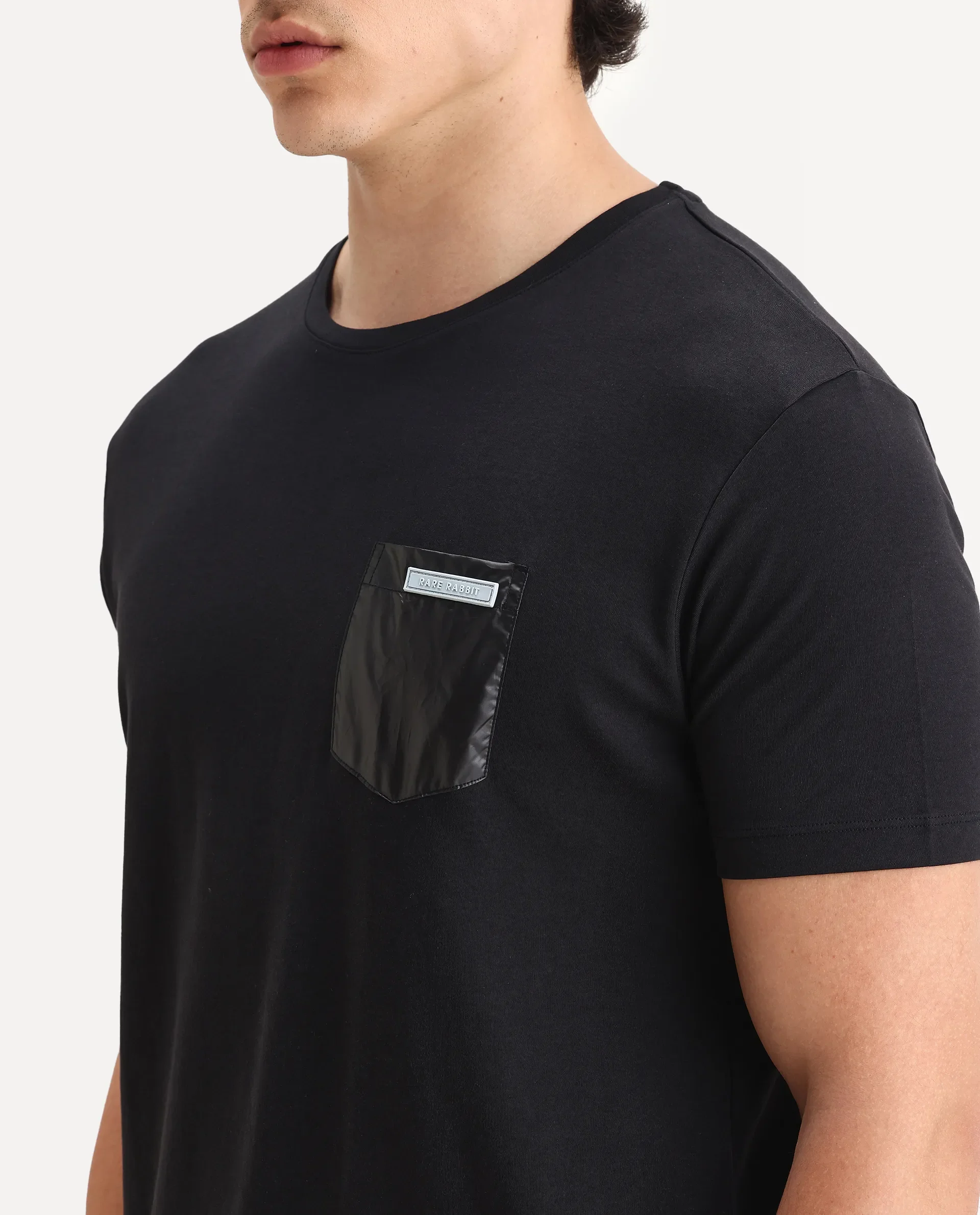 Rare Rabbit Men's Azul Black Cotton Plain Slim Fit Half Sleeve Crew Neck T-Shirt - Image 3