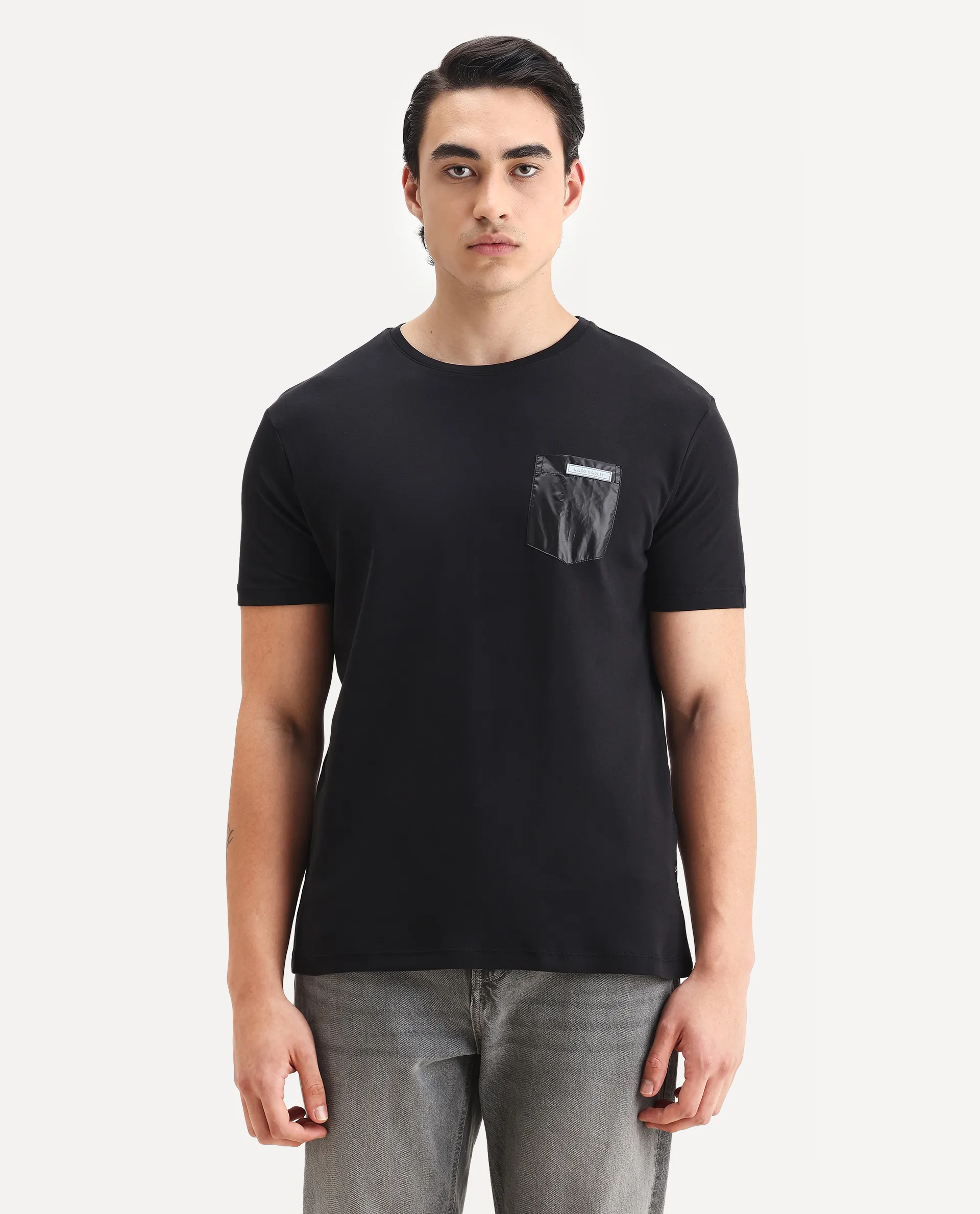 Rare Rabbit Men's Azul Black Cotton Plain Slim Fit Half Sleeve Crew Neck T-Shirt - Image 4