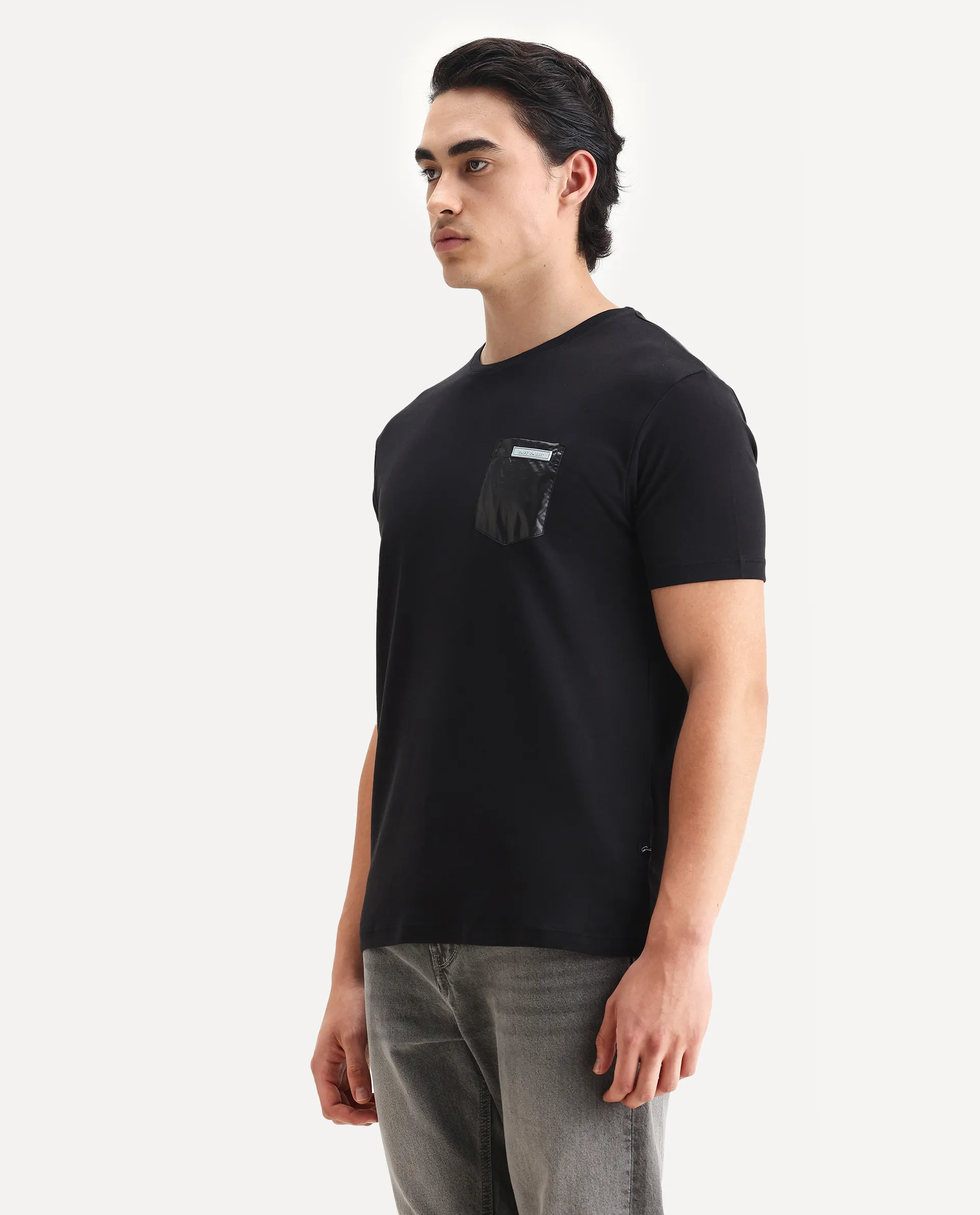 Rare Rabbit Men's Azul Black Cotton Plain Slim Fit Half Sleeve Crew Neck T-Shirt - Image 5