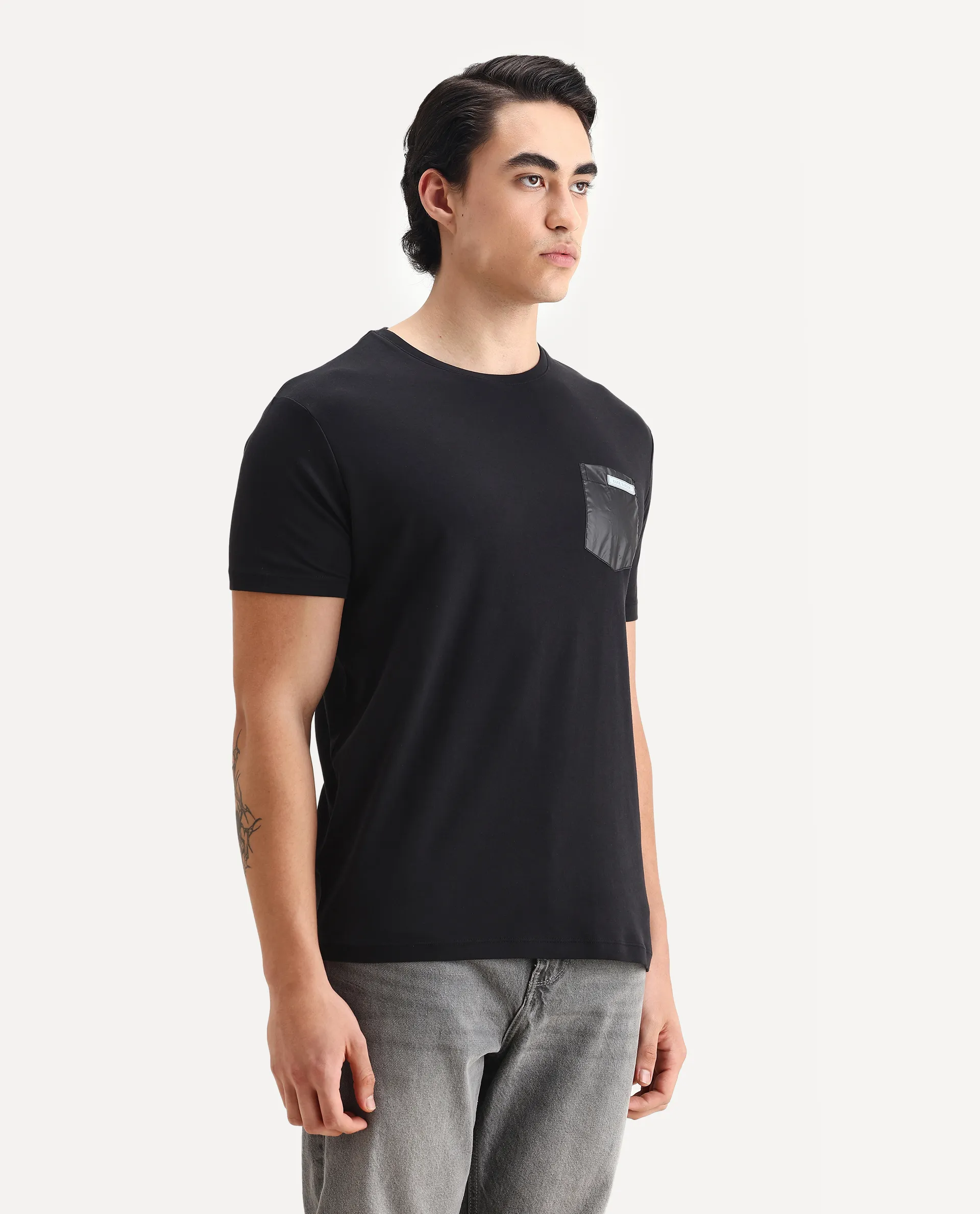 Rare Rabbit Men's Azul Black Cotton Plain Slim Fit Half Sleeve Crew Neck T-Shirt - Image 6