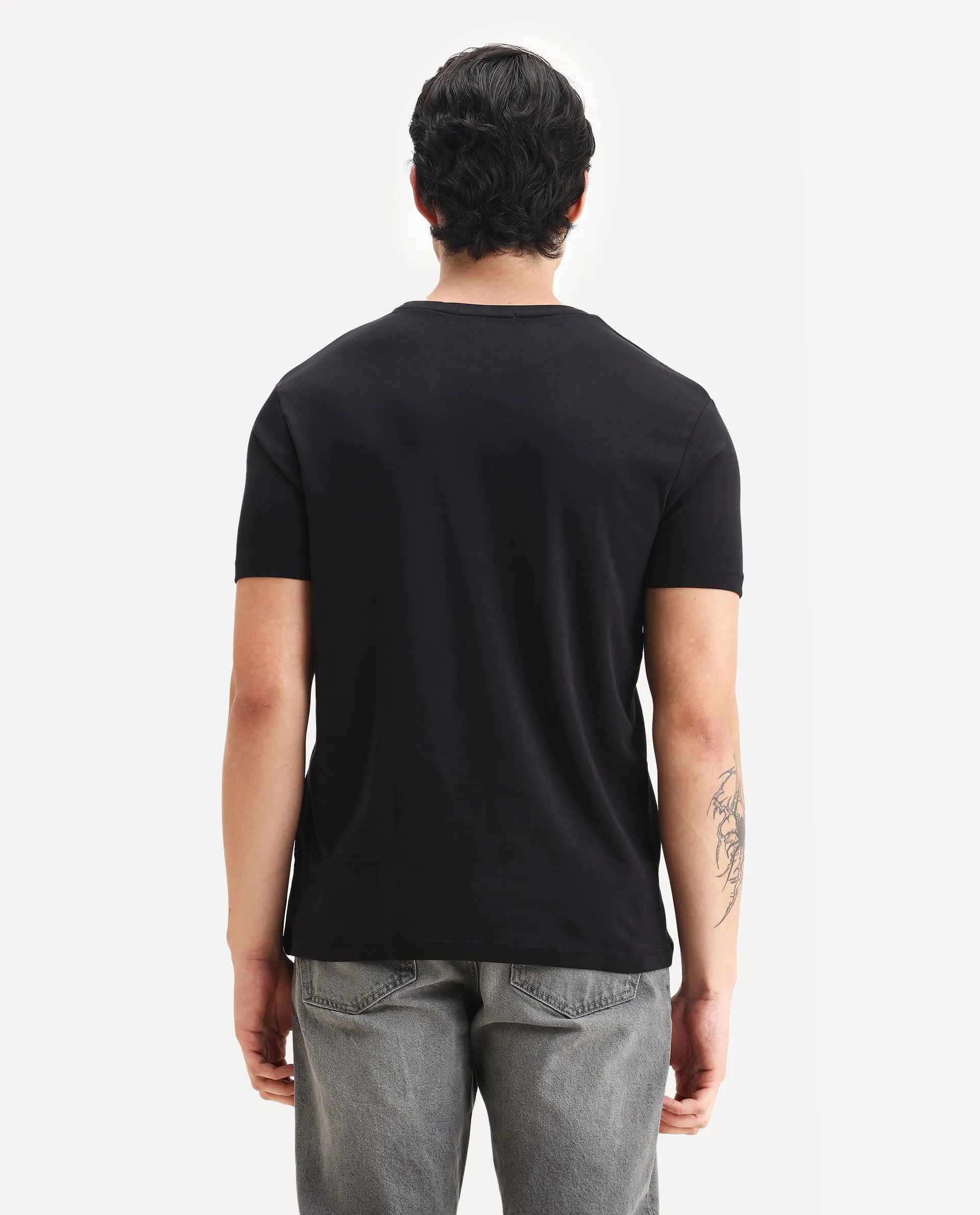 Rare Rabbit Men's Azul Black Cotton Plain Slim Fit Half Sleeve Crew Neck T-Shirt - Image 7