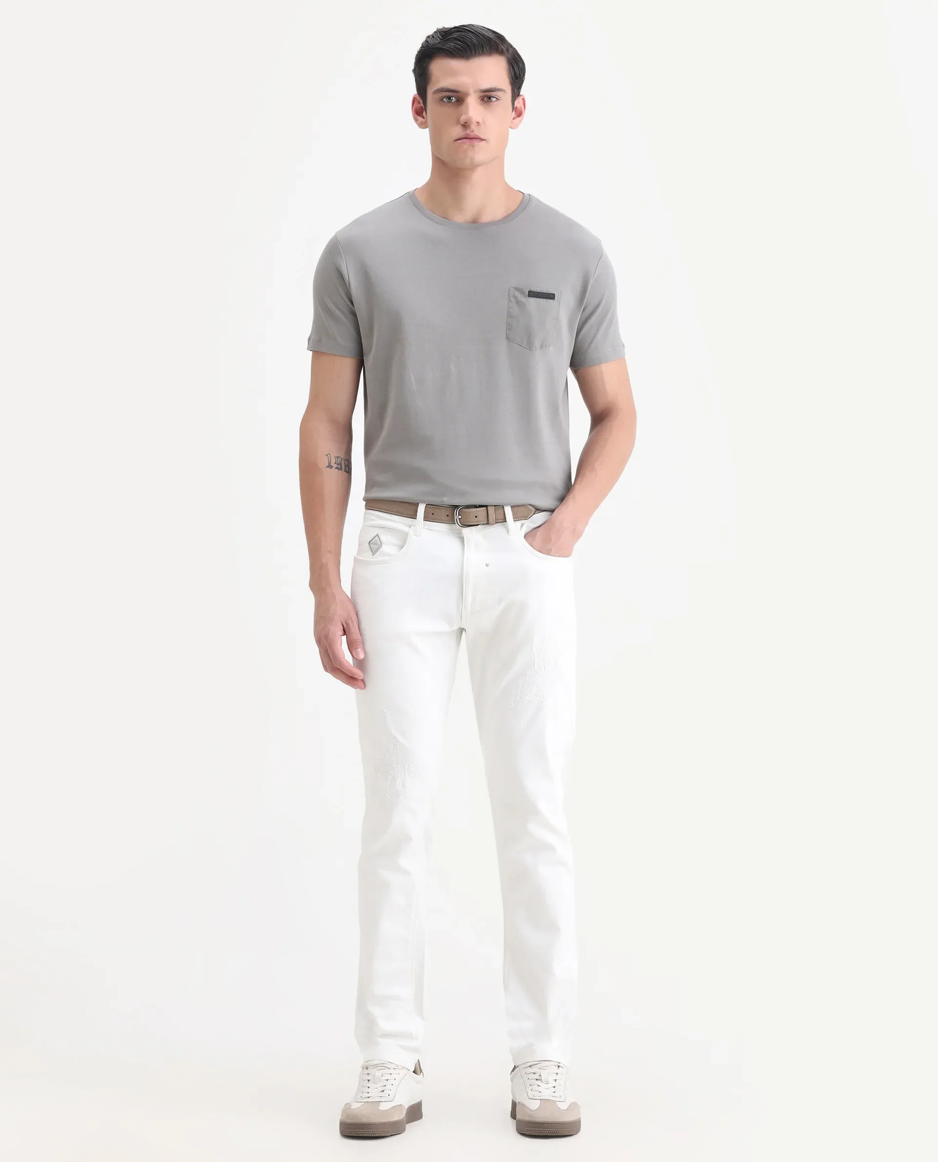 Rare Rabbit Men's Azul Grey Cotton Plain Slim Fit Half Sleeve Crew Neck T-Shirt - Image 2