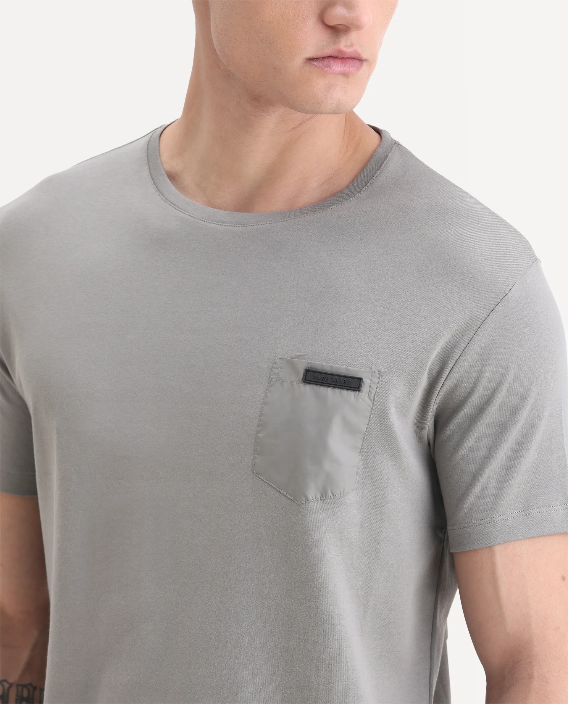 Rare Rabbit Men's Azul Grey Cotton Plain Slim Fit Half Sleeve Crew Neck T-Shirt - Image 3