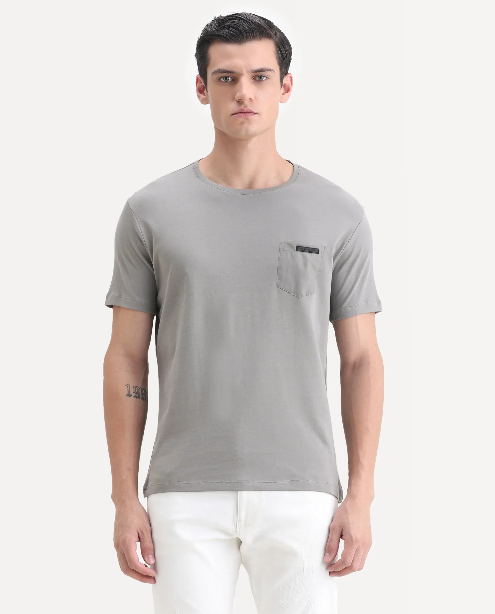 Rare Rabbit Men's Azul Grey Cotton Plain Slim Fit Half Sleeve Crew Neck T-Shirt - Image 4
