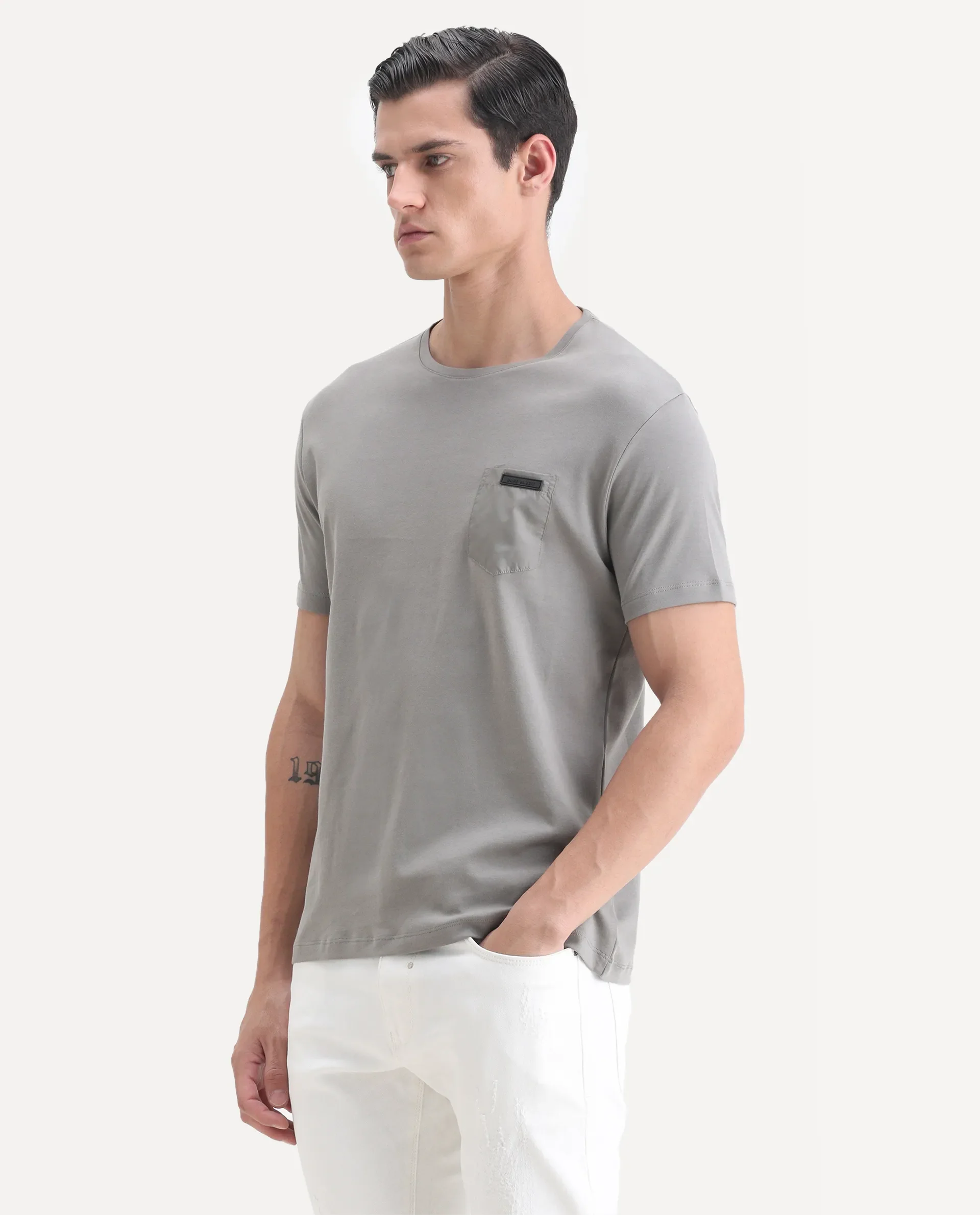 Rare Rabbit Men's Azul Grey Cotton Plain Slim Fit Half Sleeve Crew Neck T-Shirt - Image 5