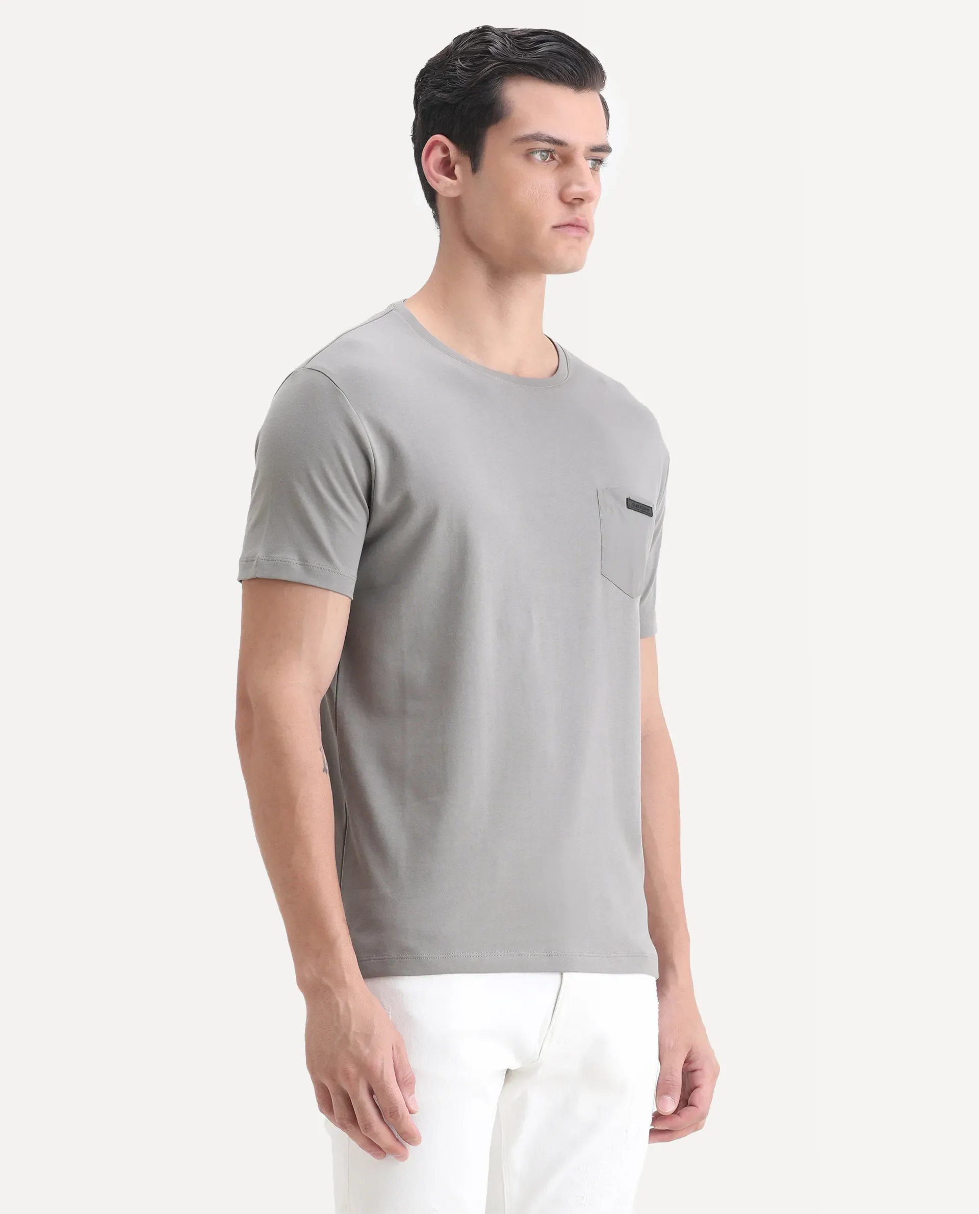 Rare Rabbit Men's Azul Grey Cotton Plain Slim Fit Half Sleeve Crew Neck T-Shirt - Image 6