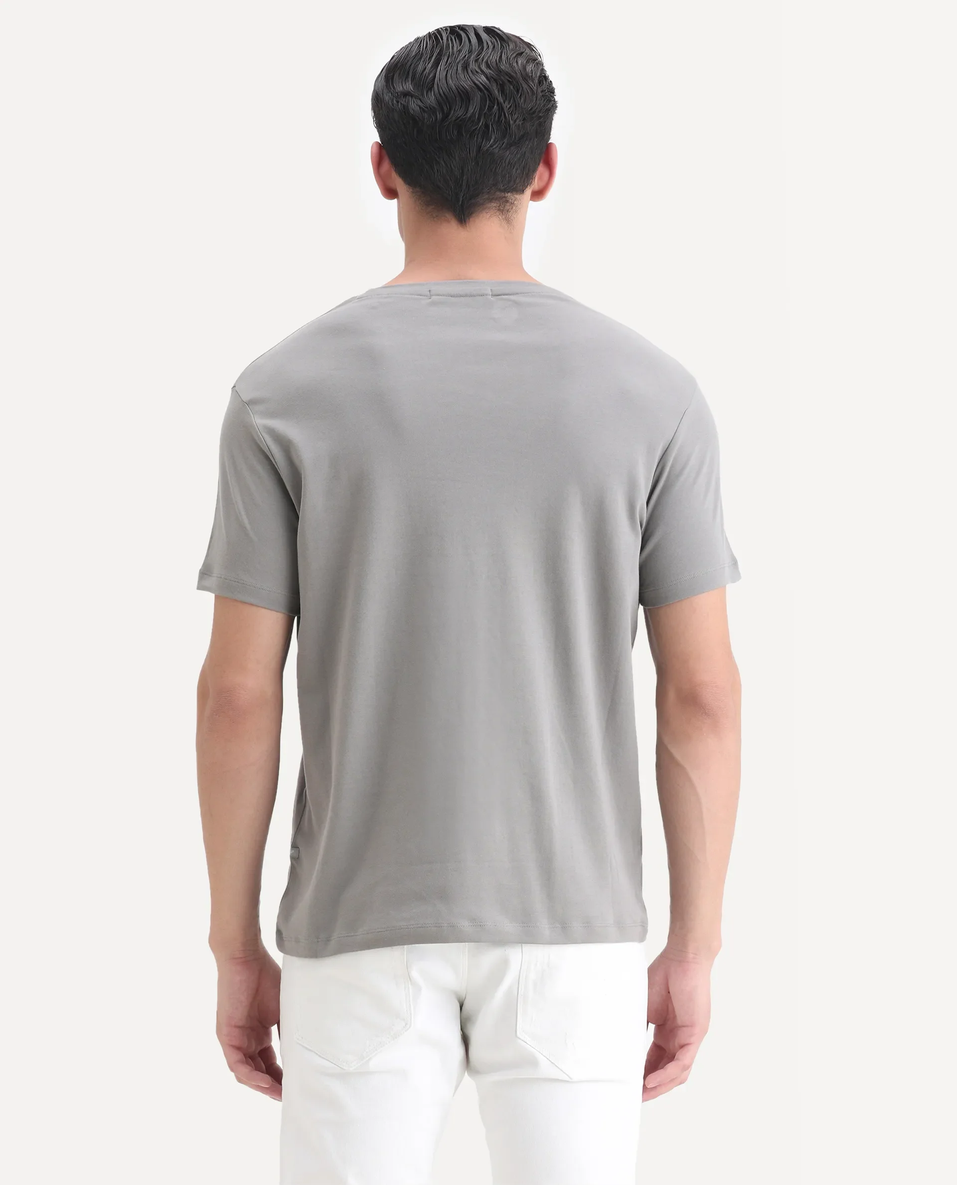 Rare Rabbit Men's Azul Grey Cotton Plain Slim Fit Half Sleeve Crew Neck T-Shirt - Image 7