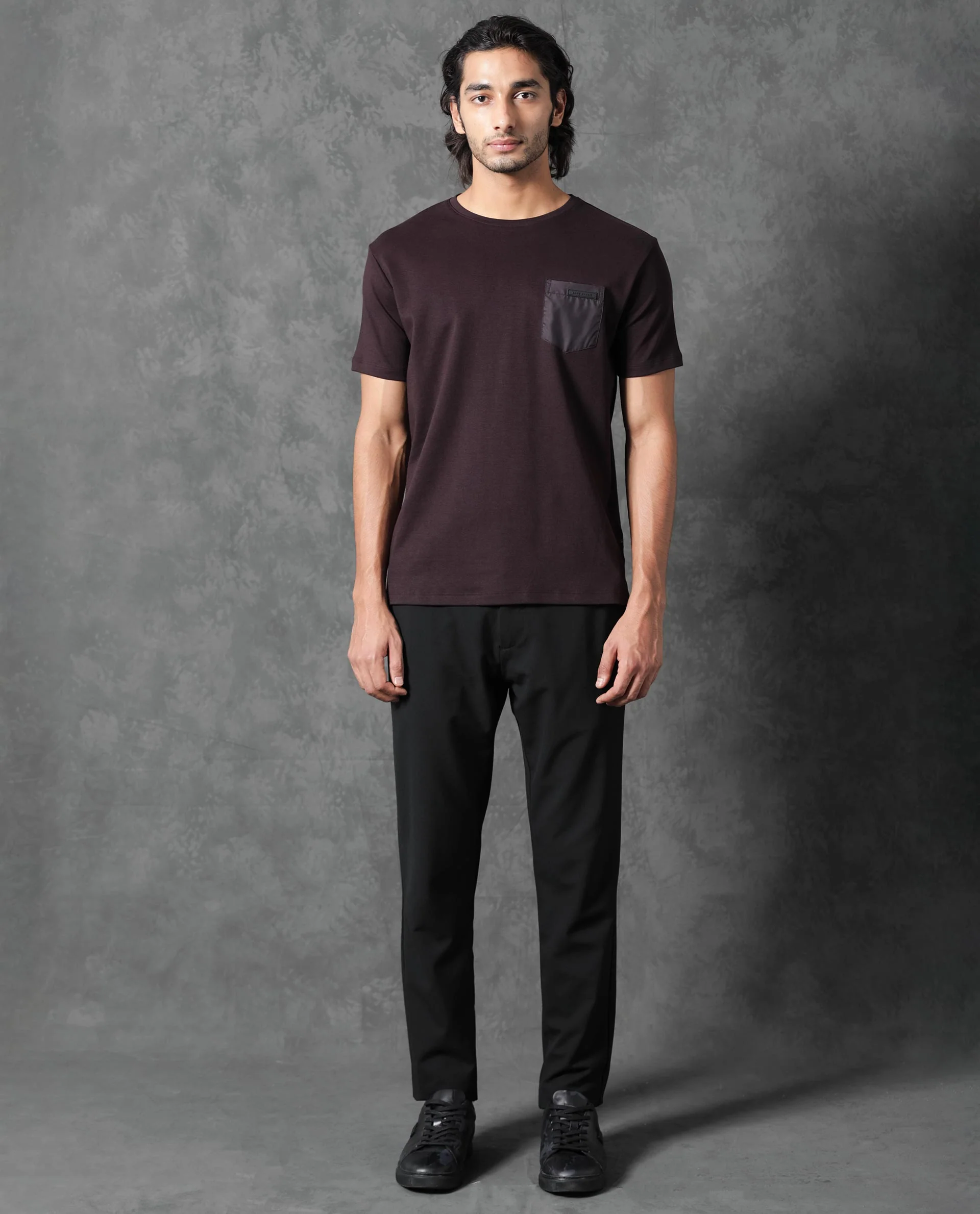 Rare Rabbit Men's Azul Maroon Cotton Plain Slim Fit Half Sleeve Crew Neck T-Shirt - Image 3