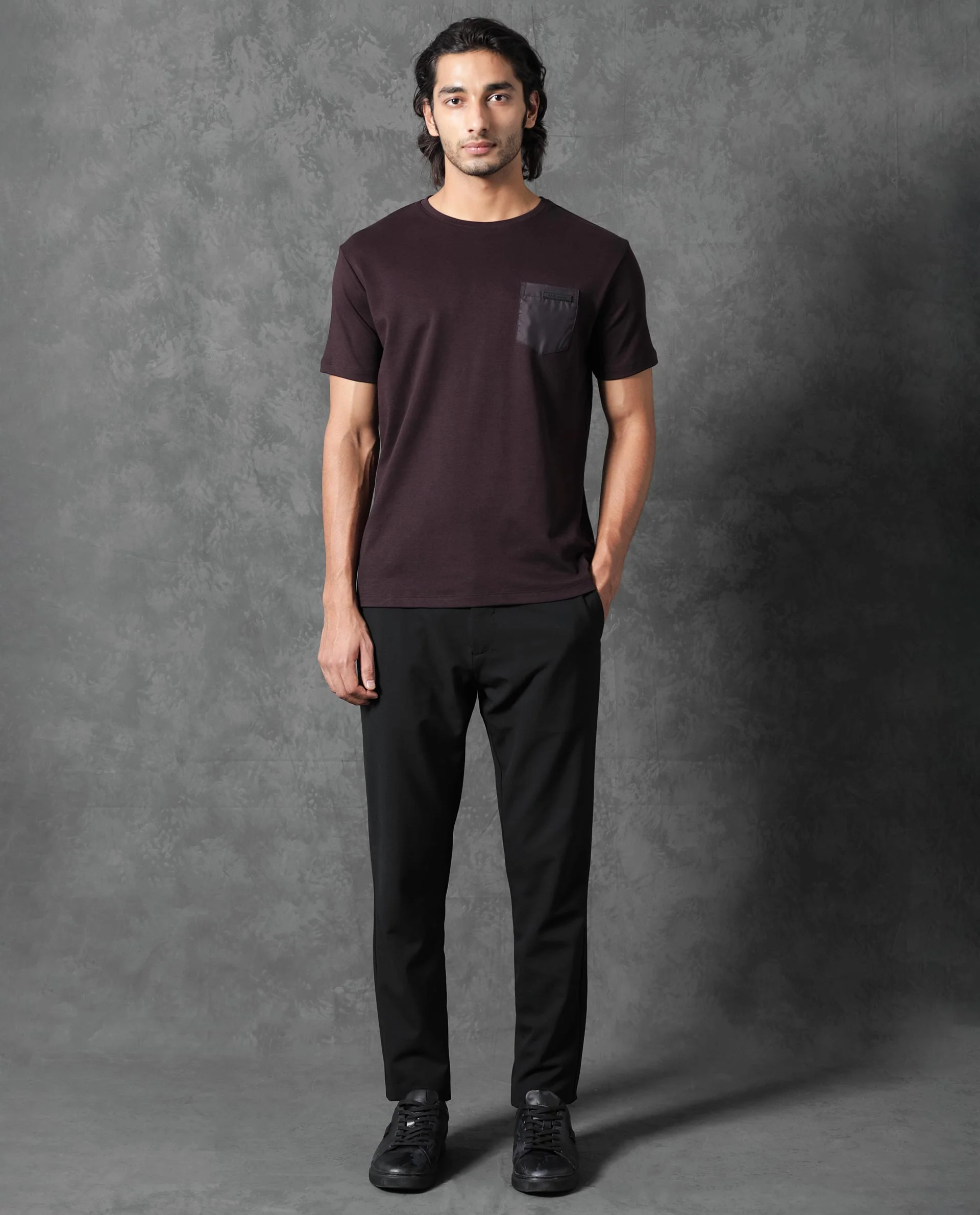 Rare Rabbit Men's Azul Maroon Cotton Plain Slim Fit Half Sleeve Crew Neck T-Shirt - Image 6