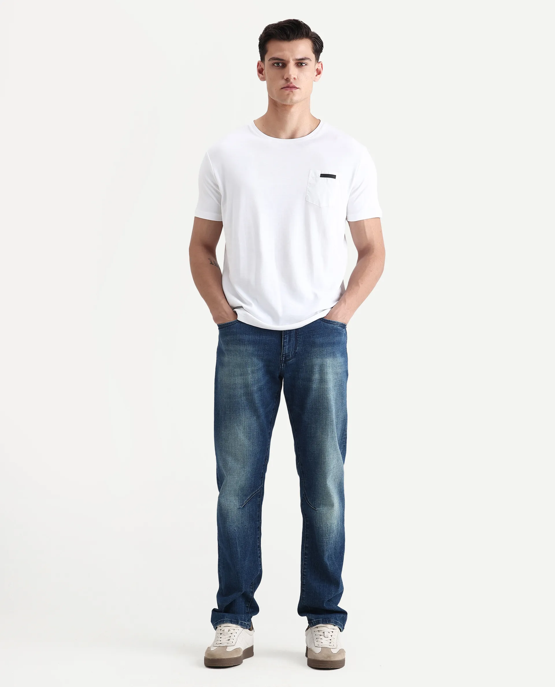 Rare Rabbit Men's Azul White Cotton Plain Slim Fit Half Sleeve Crew Neck T-Shirt - Image 2