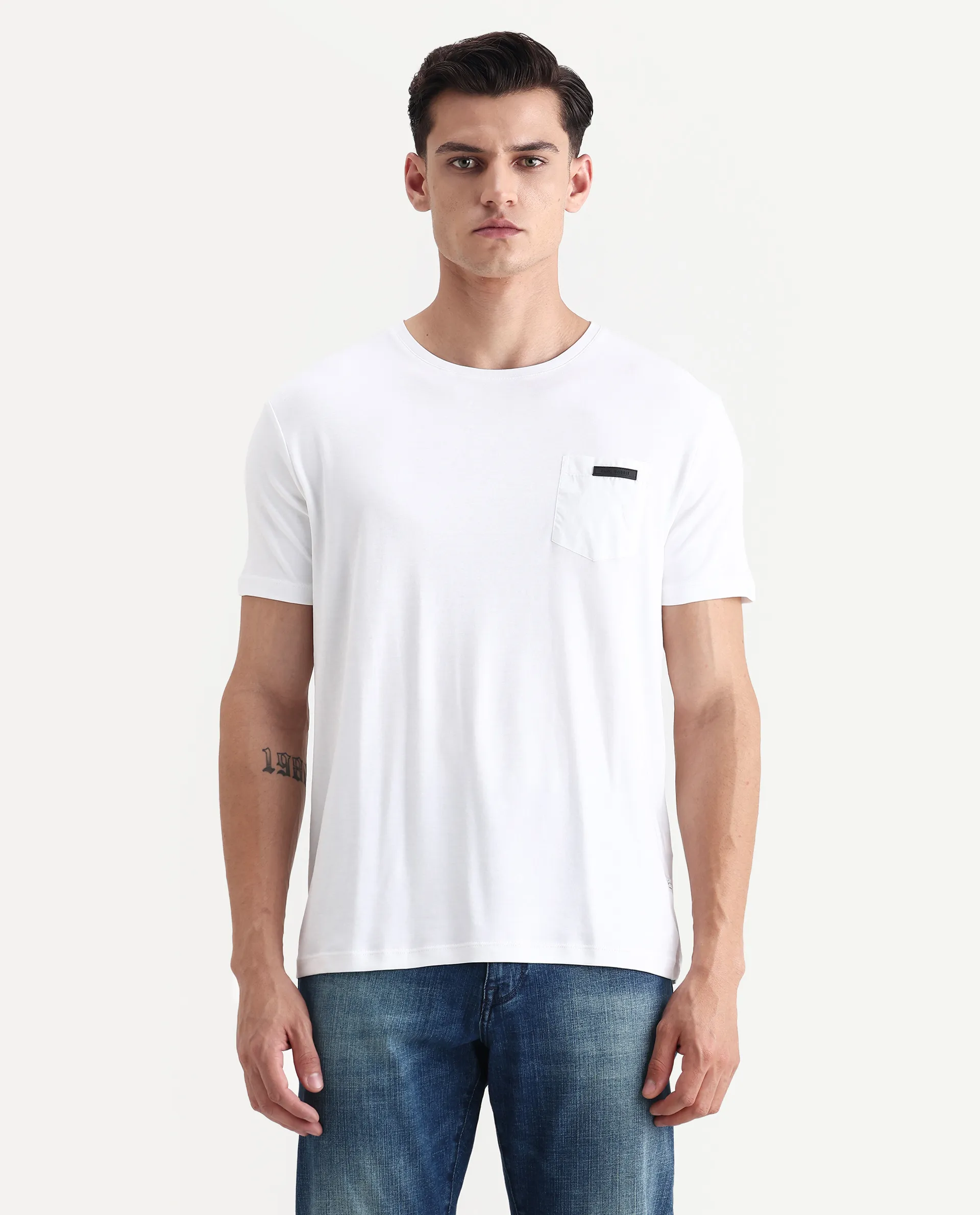 Rare Rabbit Men's Azul White Cotton Plain Slim Fit Half Sleeve Crew Neck T-Shirt - Image 4