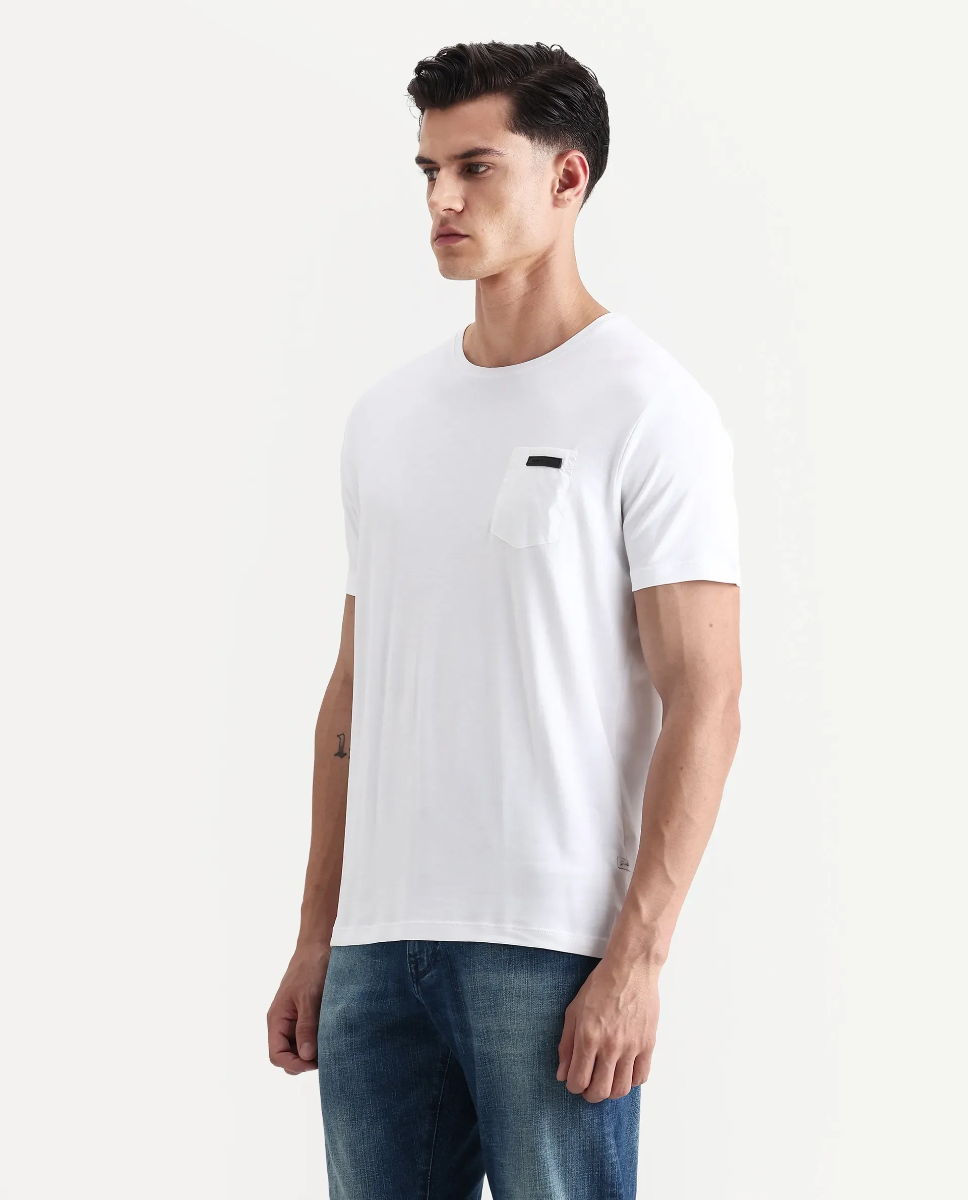 Rare Rabbit Men's Azul White Cotton Plain Slim Fit Half Sleeve Crew Neck T-Shirt - Image 5