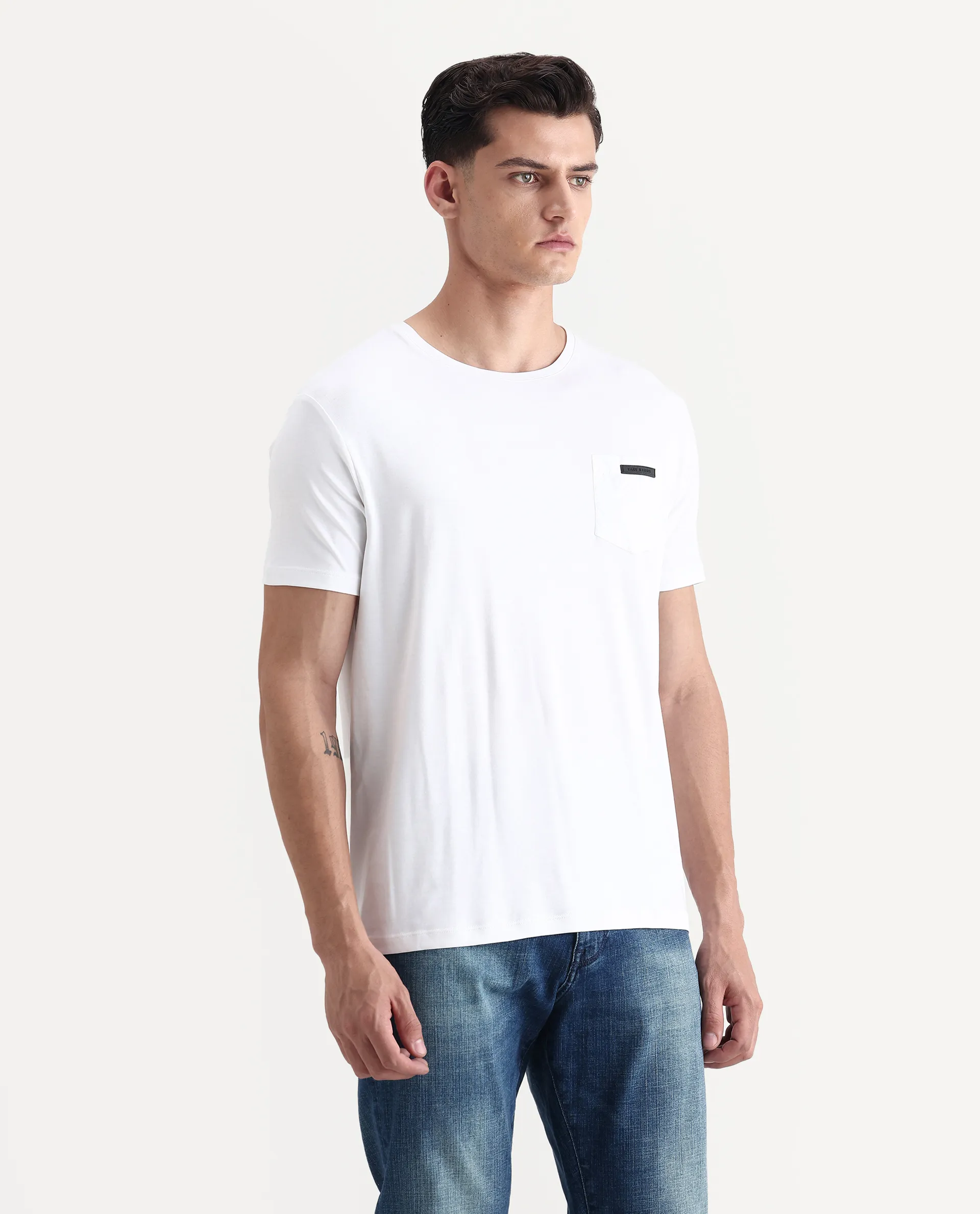 Rare Rabbit Men's Azul White Cotton Plain Slim Fit Half Sleeve Crew Neck T-Shirt - Image 6