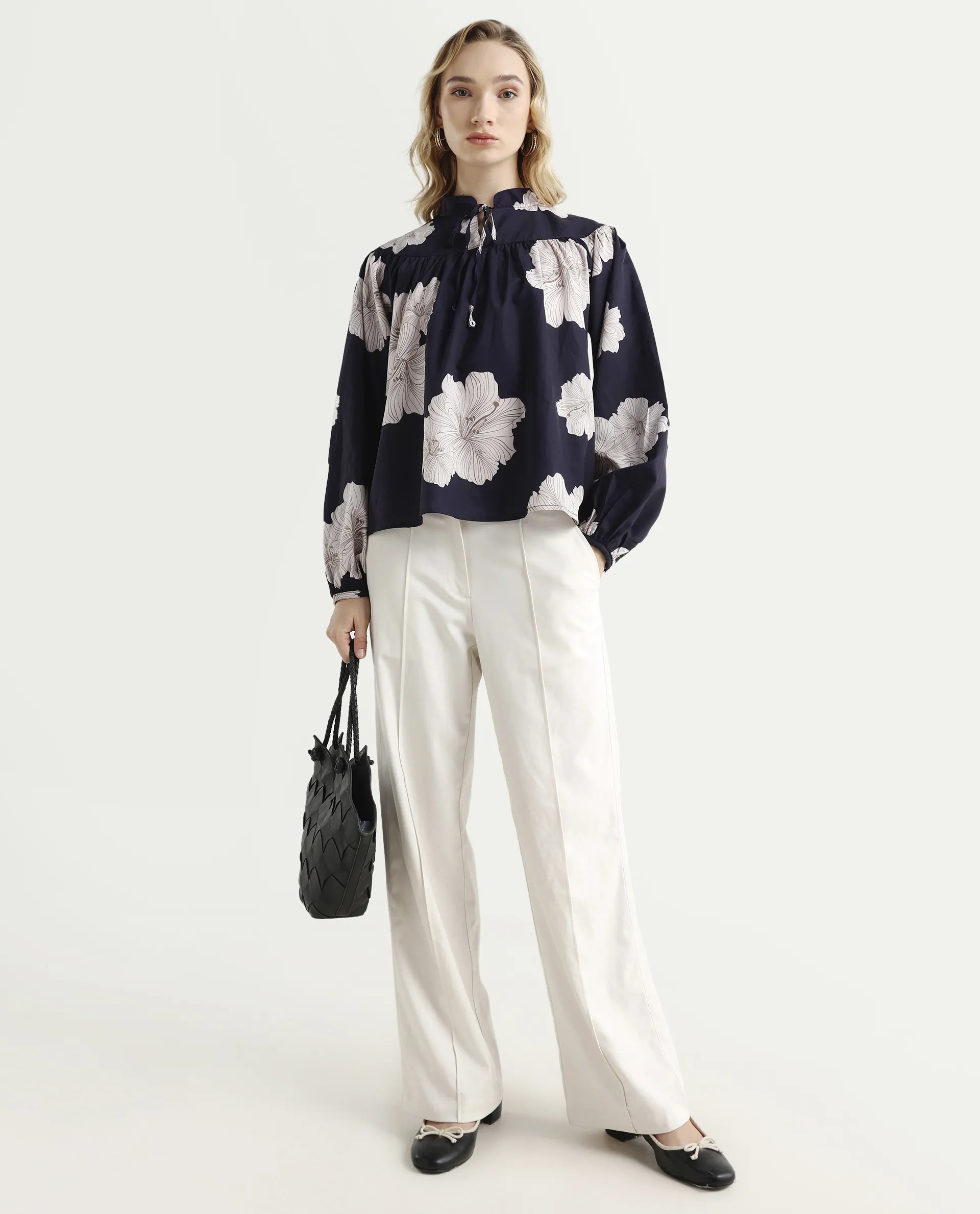 Rareism Women's Azure Dark Navy Polyester High Neck Floral Print Bishop Sleeve Relaxed Fit Top - Image 2