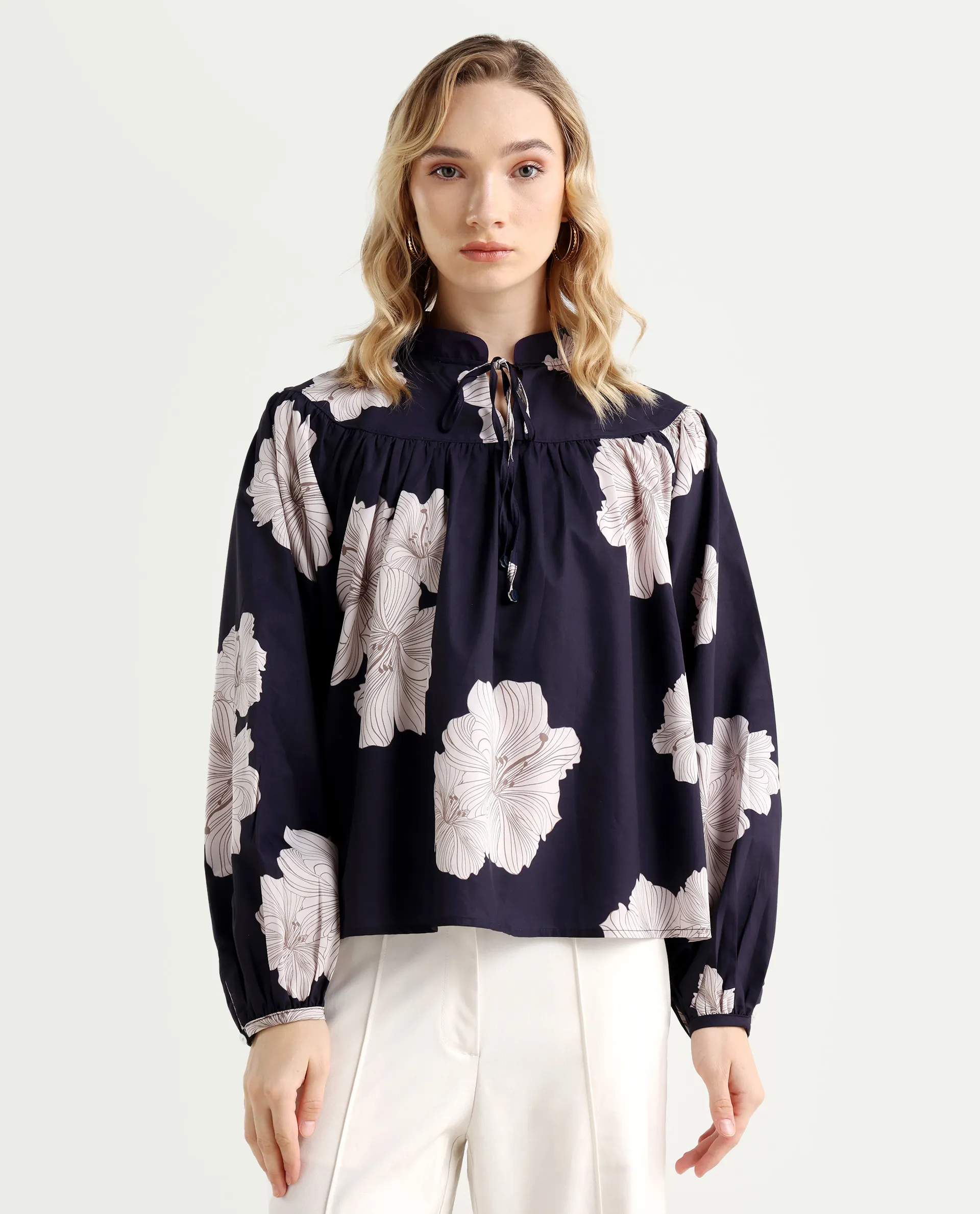Rareism Women's Azure Dark Navy Polyester High Neck Floral Print Bishop Sleeve Relaxed Fit Top - Image 3