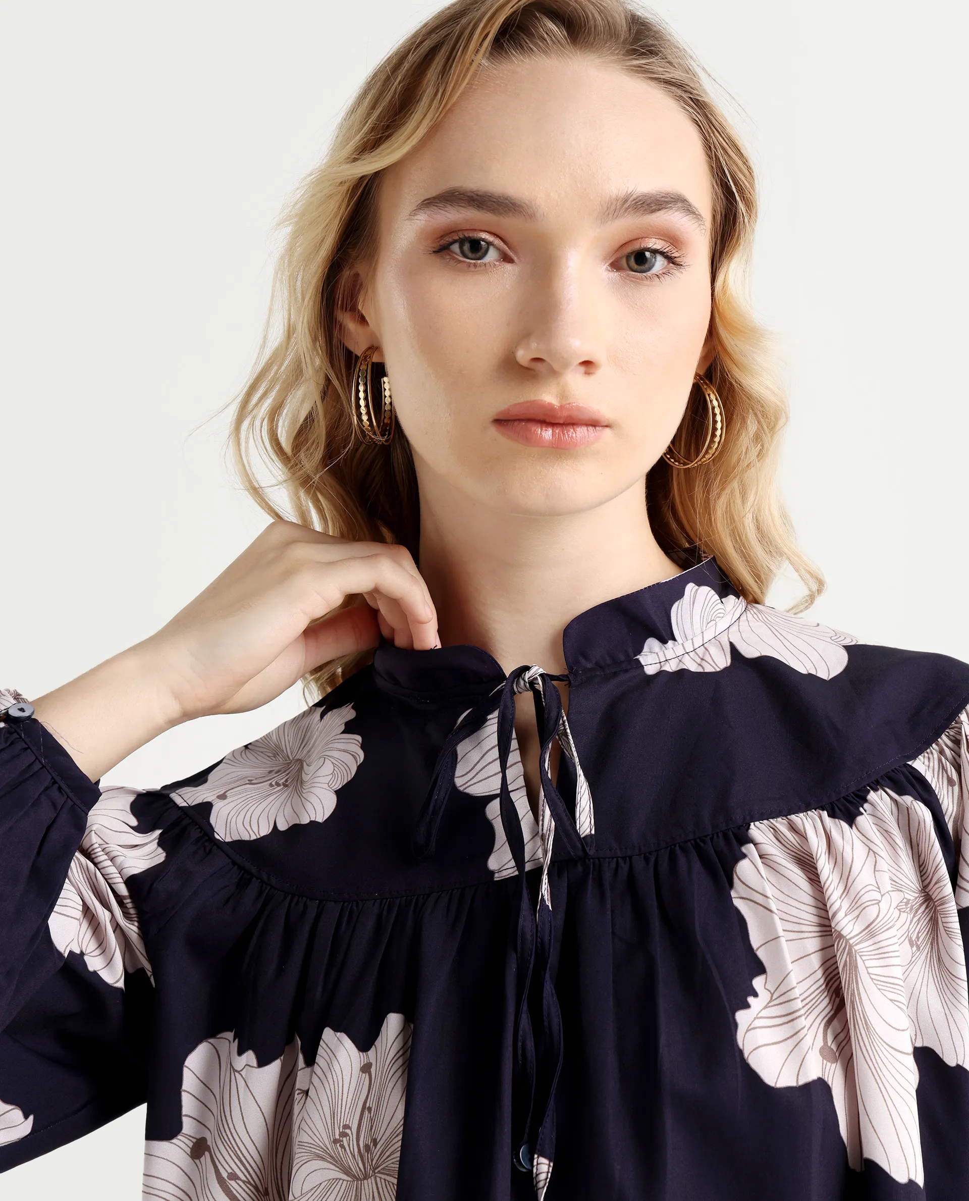 Rareism Women's Azure Dark Navy Polyester High Neck Floral Print Bishop Sleeve Relaxed Fit Top - Image 4