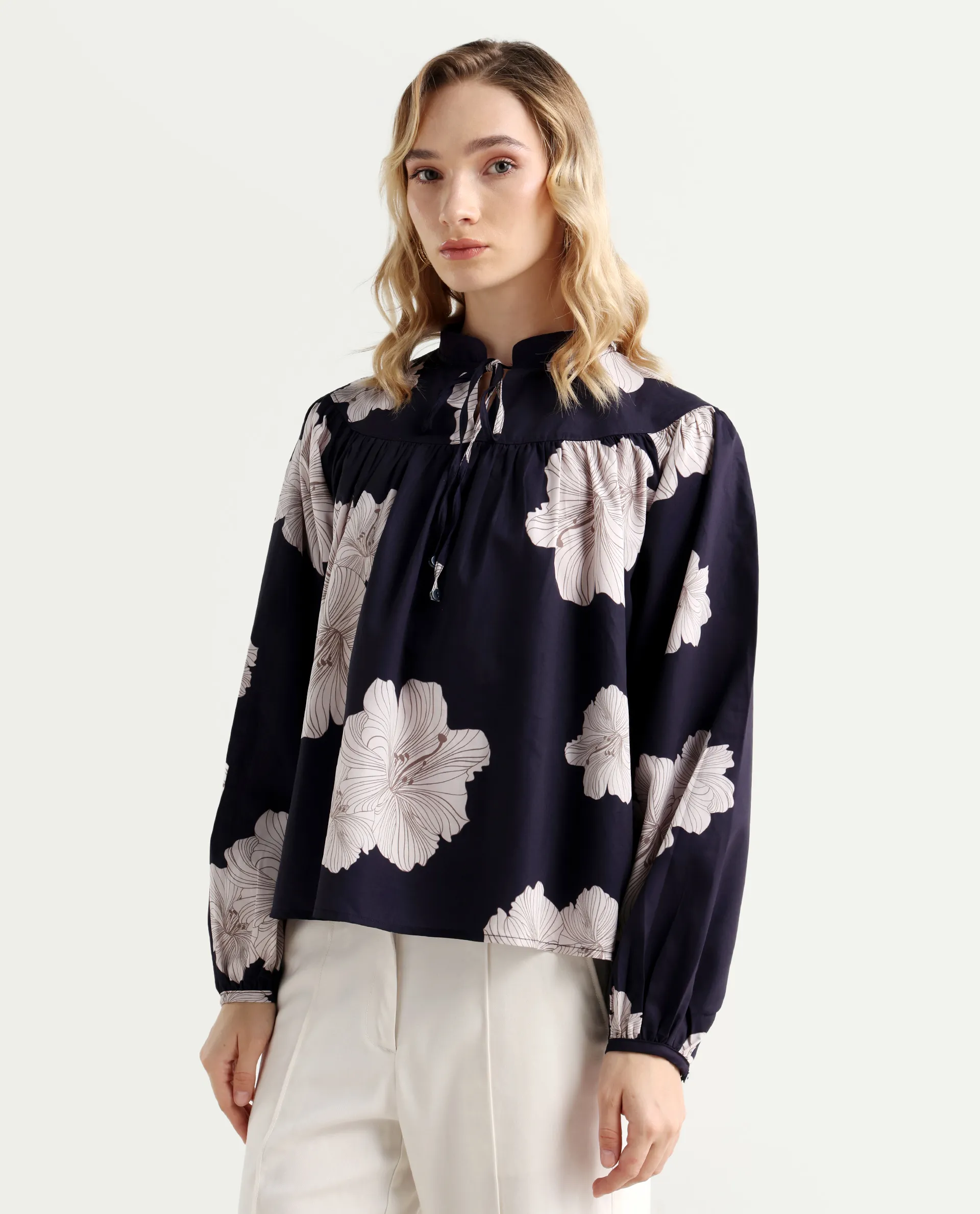 Rareism Women's Azure Dark Navy Polyester High Neck Floral Print Bishop Sleeve Relaxed Fit Top - Image 5