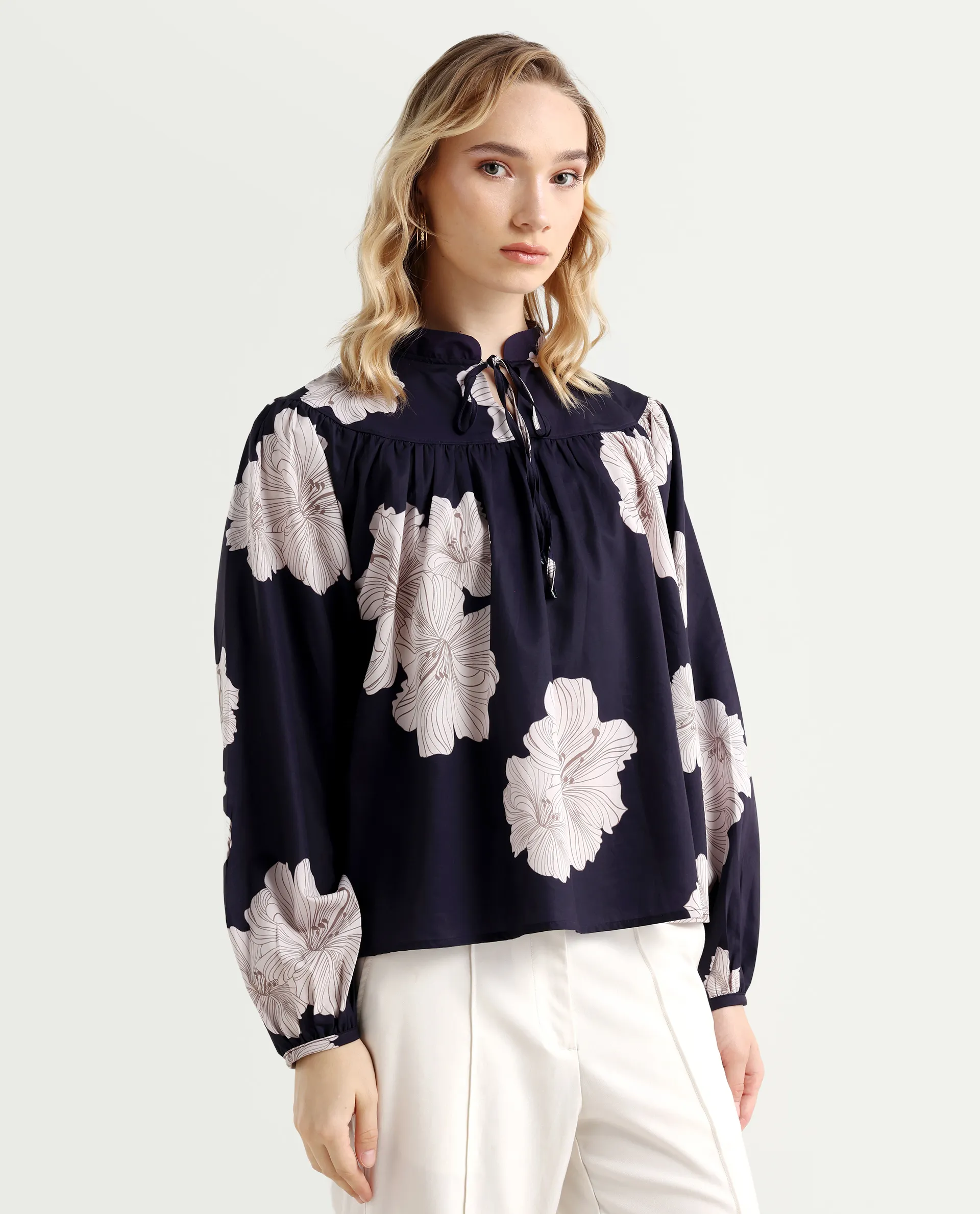 Rareism Women's Azure Dark Navy Polyester High Neck Floral Print Bishop Sleeve Relaxed Fit Top - Image 6