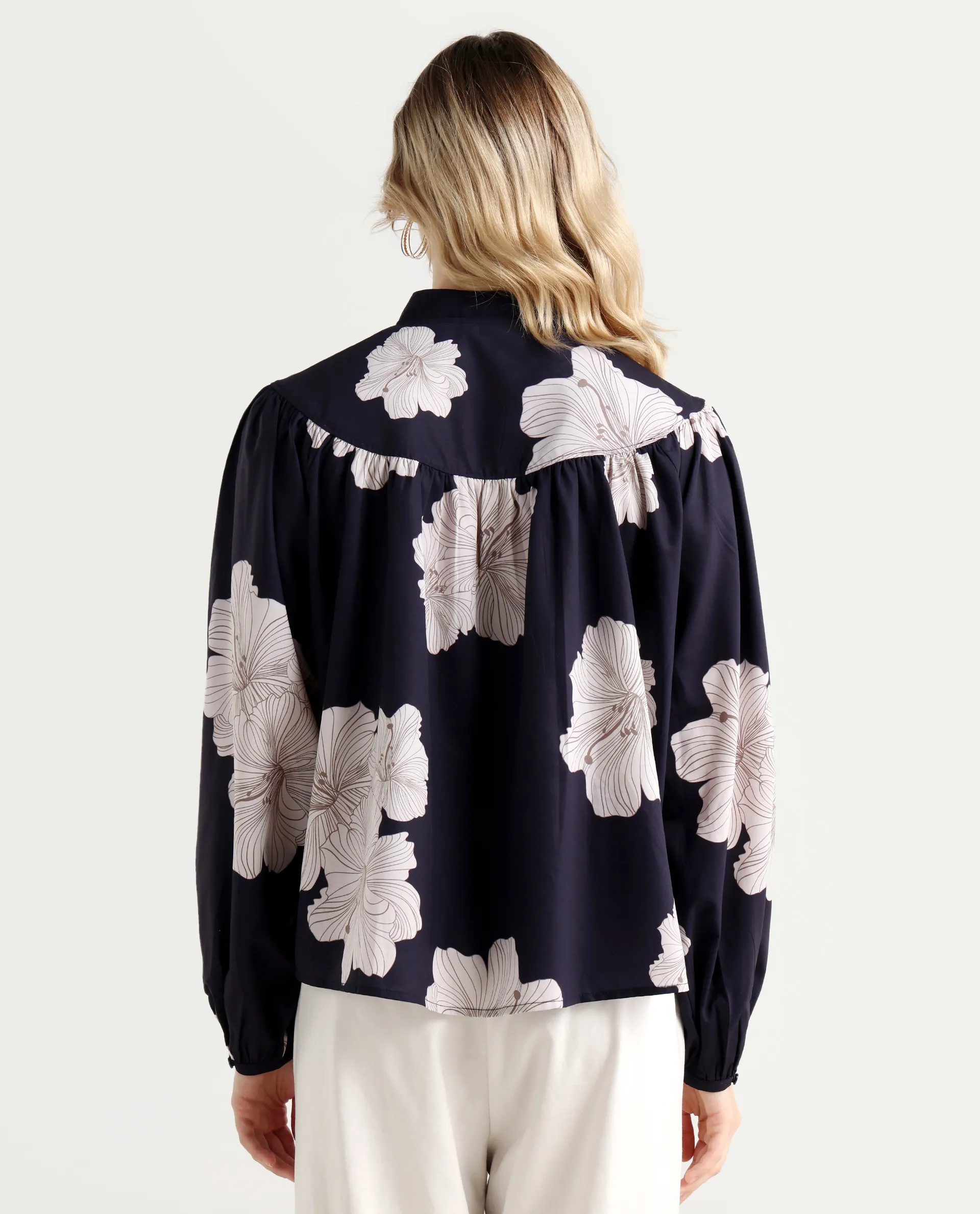 Rareism Women's Azure Dark Navy Polyester High Neck Floral Print Bishop Sleeve Relaxed Fit Top - Image 7
