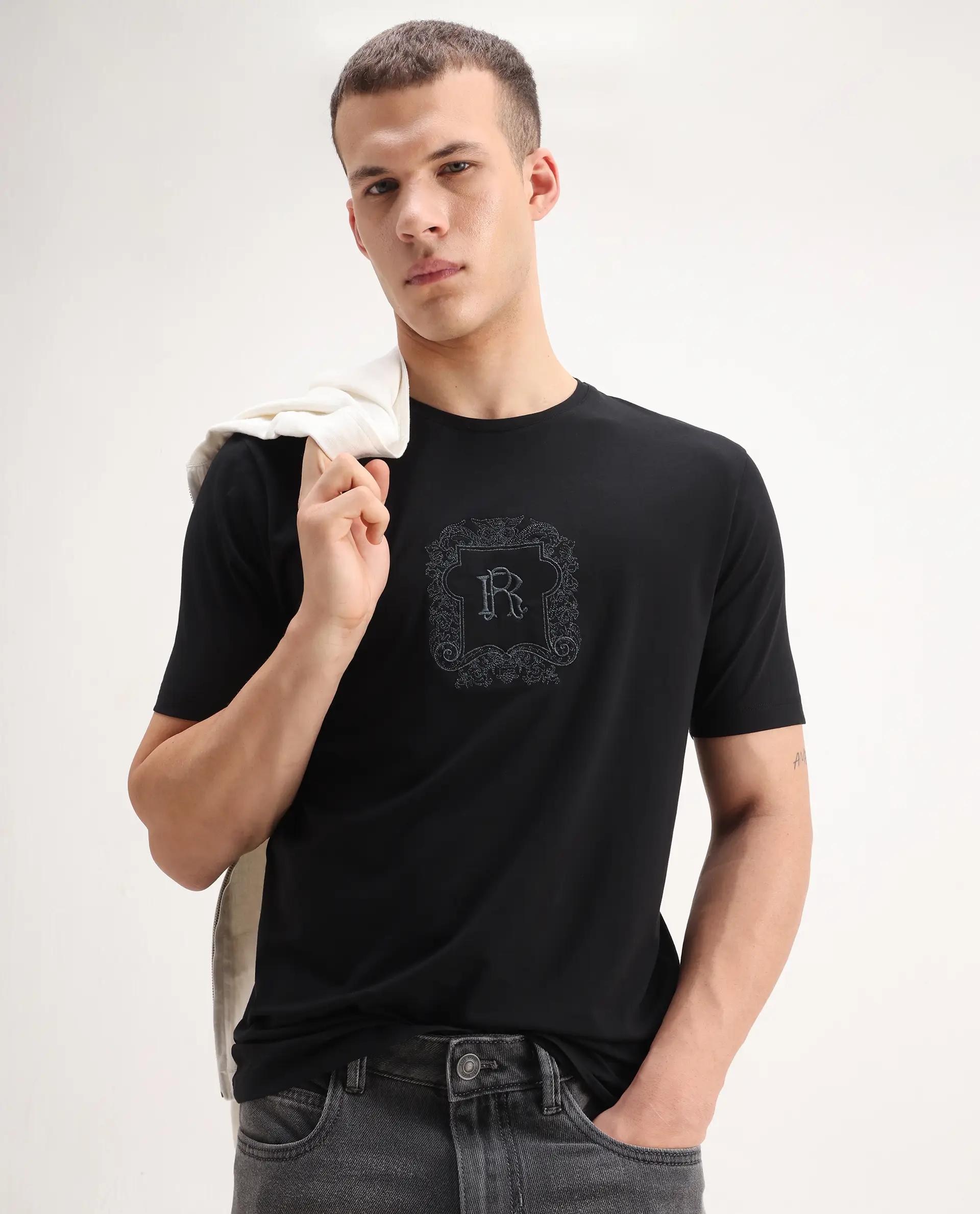 Rare Rabbit Men's Azzo Black Cotton Blend Graphic Print Regular Fit Half Sleeve Crew Neck T-Shirt - Image 2