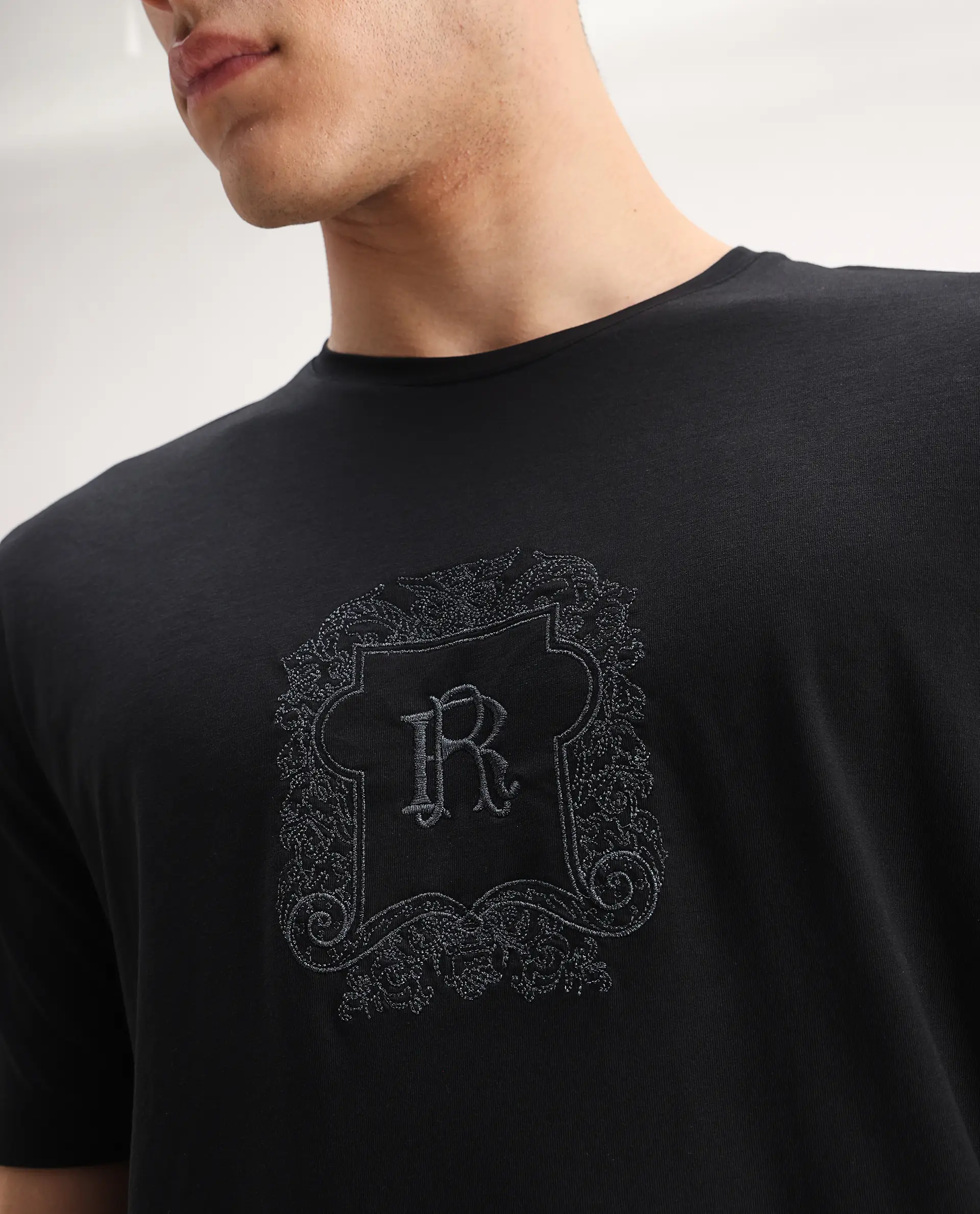 Rare Rabbit Men's Azzo Black Cotton Blend Graphic Print Regular Fit Half Sleeve Crew Neck T-Shirt - Image 4
