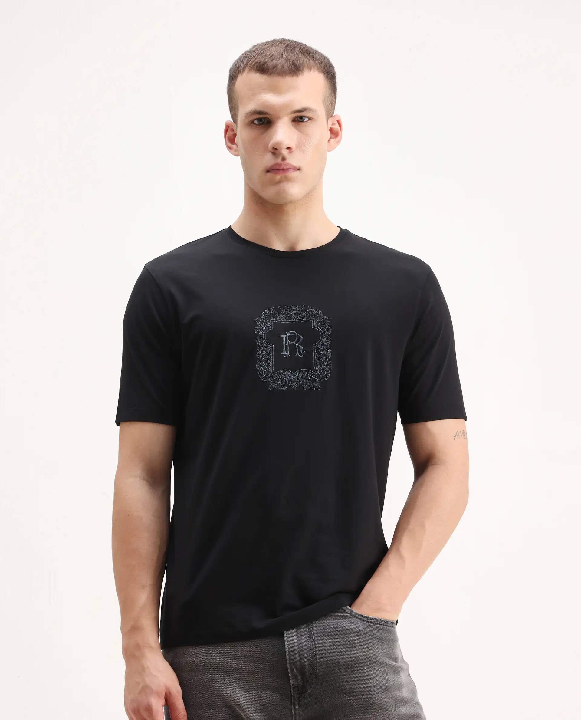 Rare Rabbit Men's Azzo Black Cotton Blend Graphic Print Regular Fit Half Sleeve Crew Neck T-Shirt - Image 5