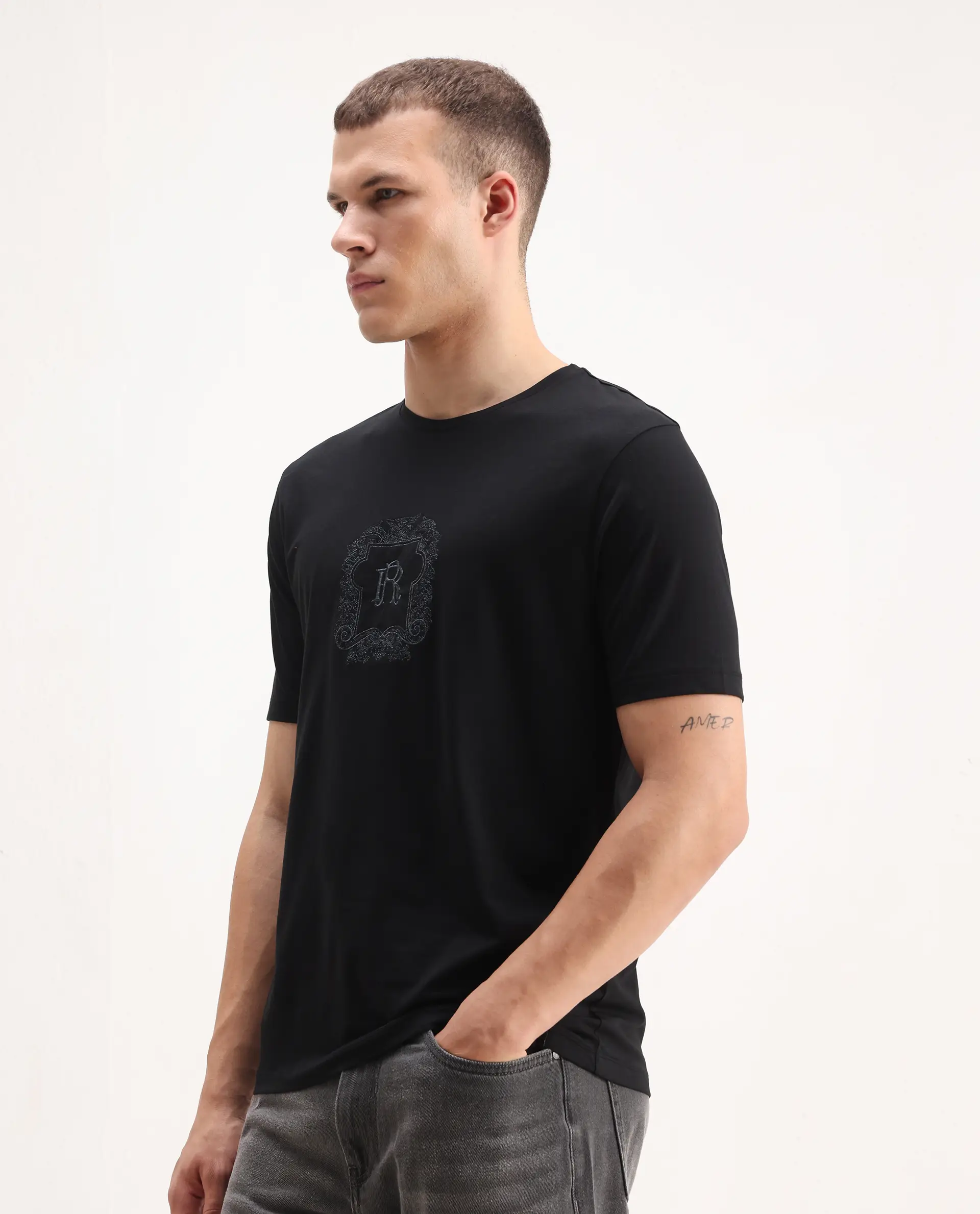 Rare Rabbit Men's Azzo Black Cotton Blend Graphic Print Regular Fit Half Sleeve Crew Neck T-Shirt - Image 6