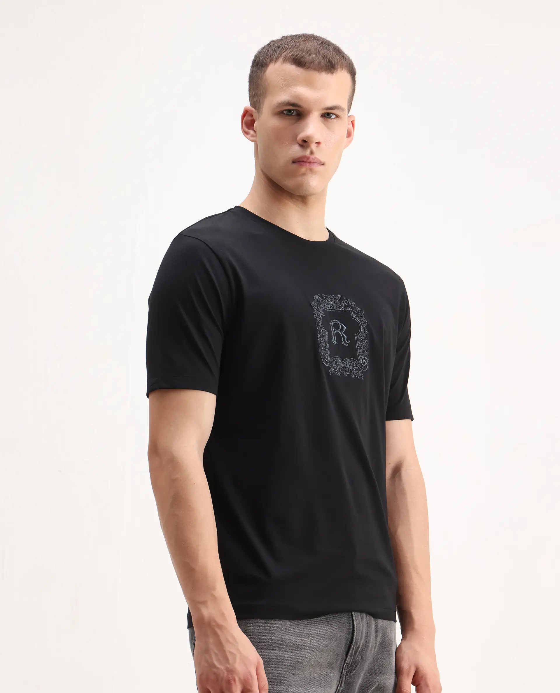 Rare Rabbit Men's Azzo Black Cotton Blend Graphic Print Regular Fit Half Sleeve Crew Neck T-Shirt - Image 7