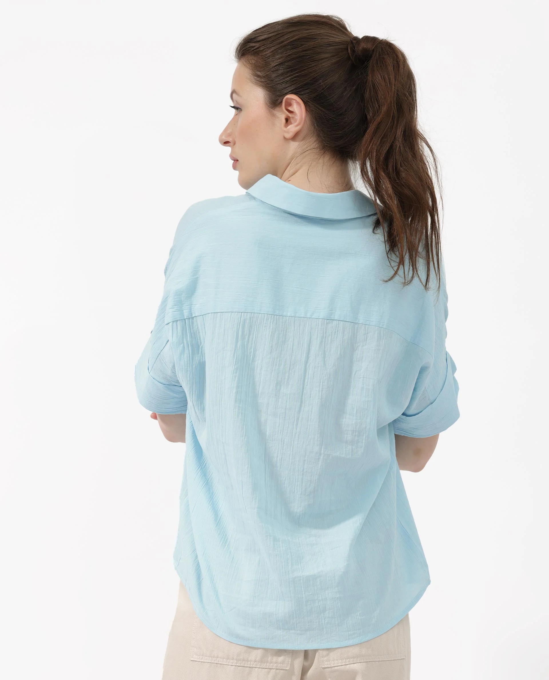 Rareism Women's Azzure Blue Cotton Spread Collar Plain Extended Sleeves Boxy Fit Top - Image 10