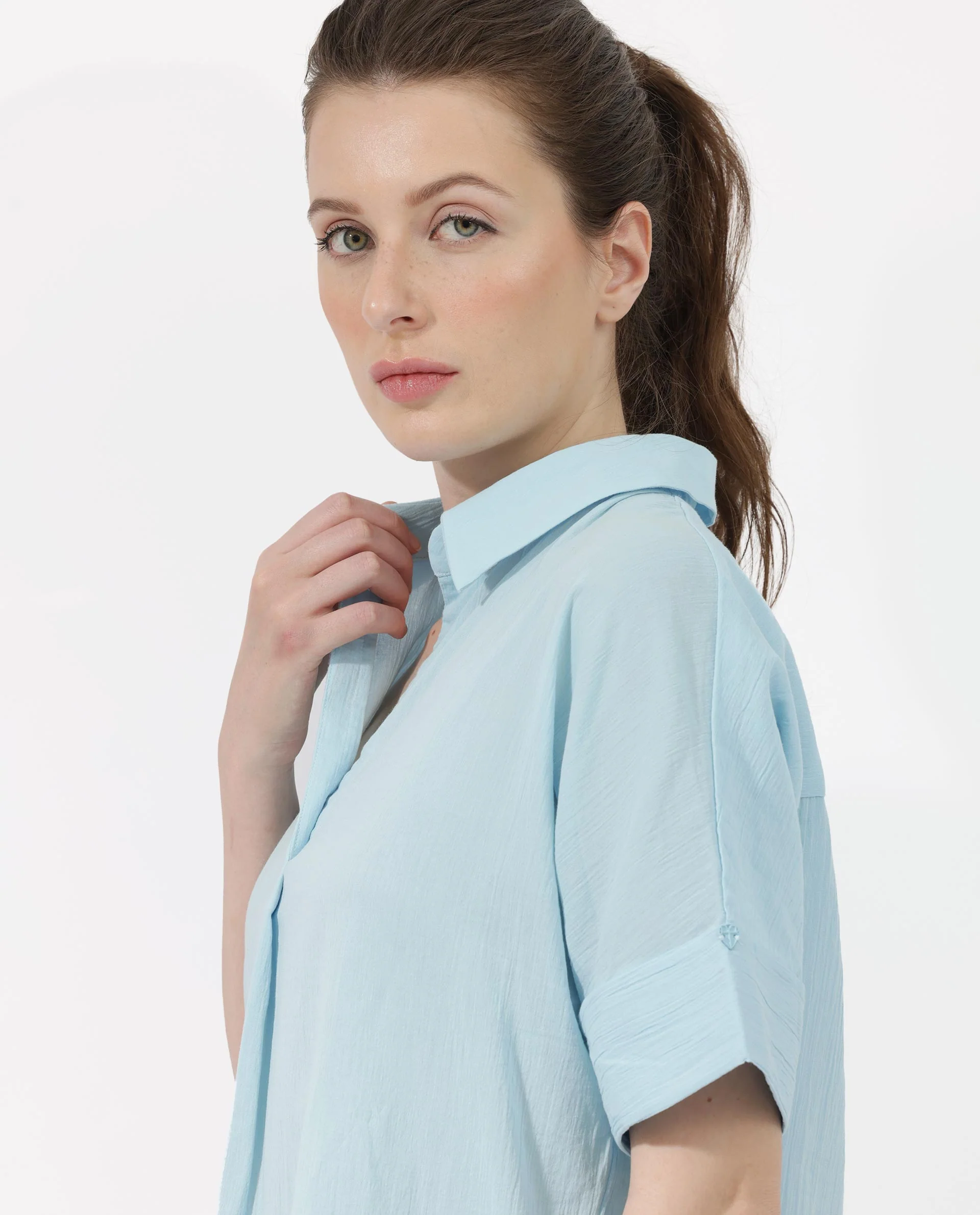 Rareism Women's Azzure Blue Cotton Spread Collar Plain Extended Sleeves Boxy Fit Top - Image 2
