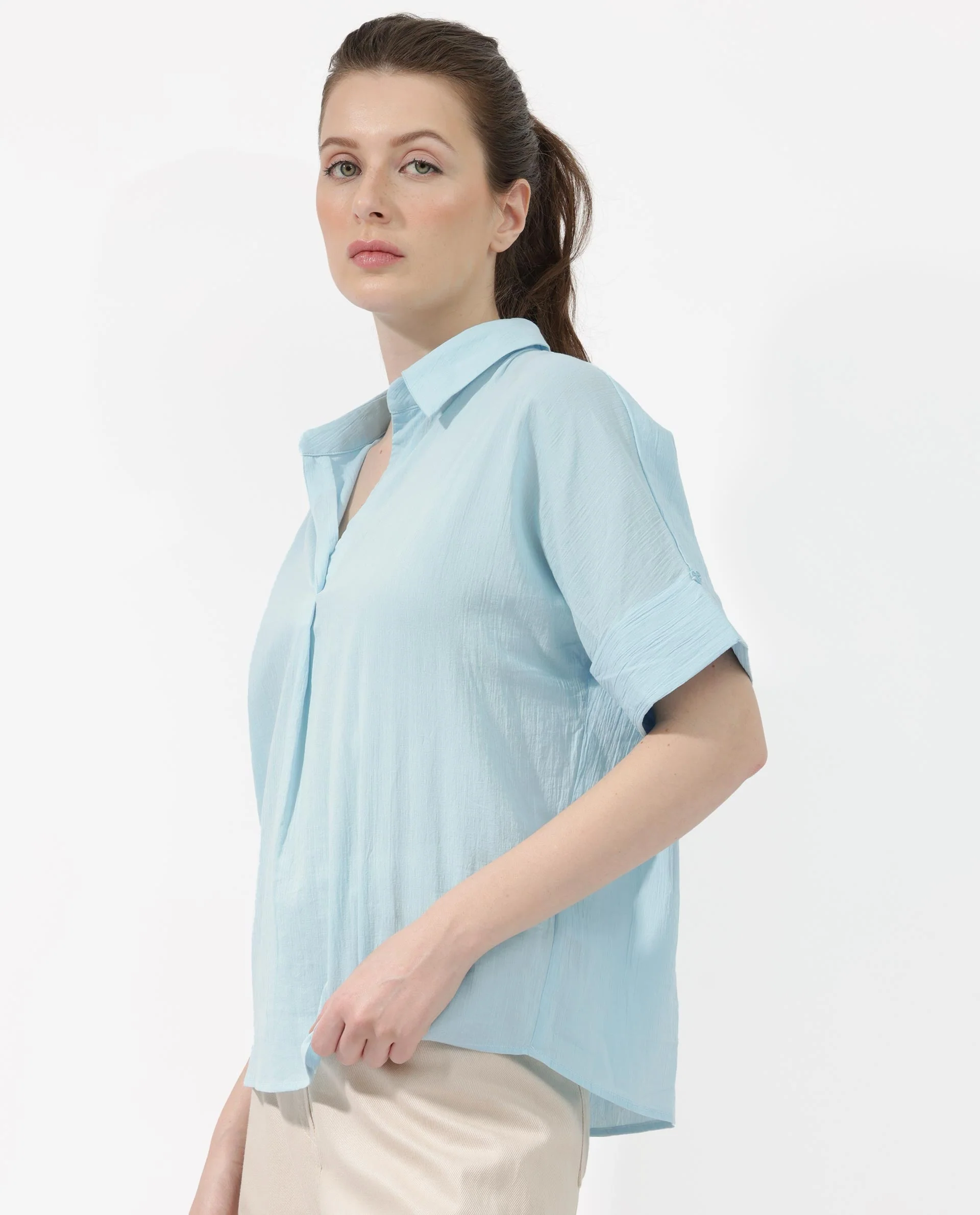 Rareism Women's Azzure Blue Cotton Spread Collar Plain Extended Sleeves Boxy Fit Top - Image 4