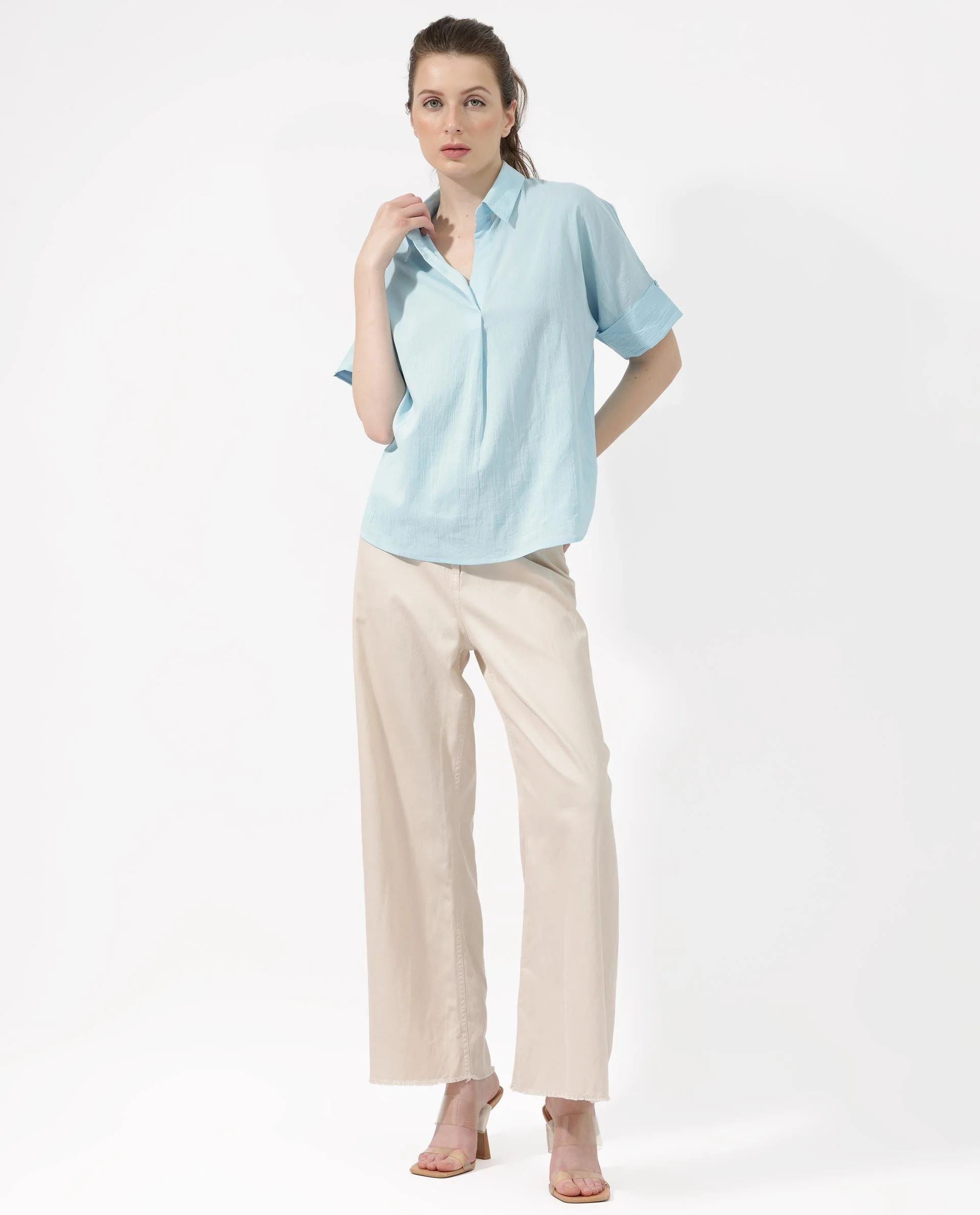 Rareism Women's Azzure Blue Cotton Spread Collar Plain Extended Sleeves Boxy Fit Top - Image 6