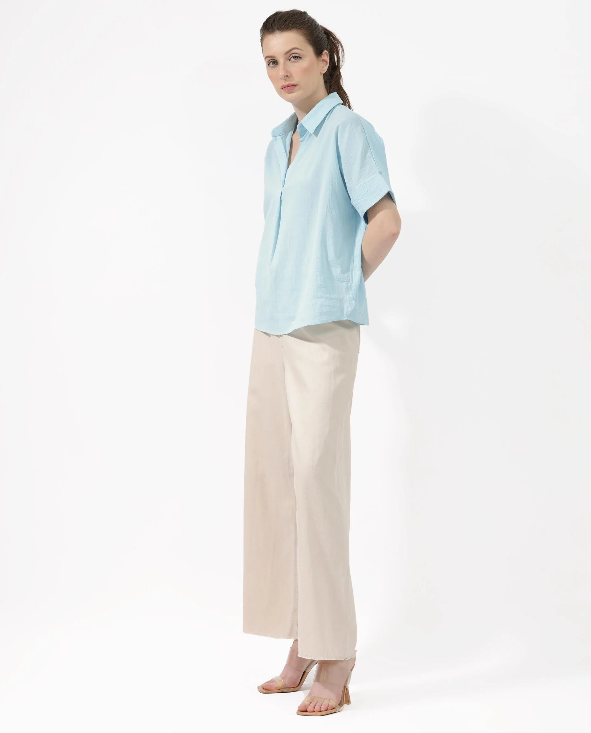 Rareism Women's Azzure Blue Cotton Spread Collar Plain Extended Sleeves Boxy Fit Top - Image 7
