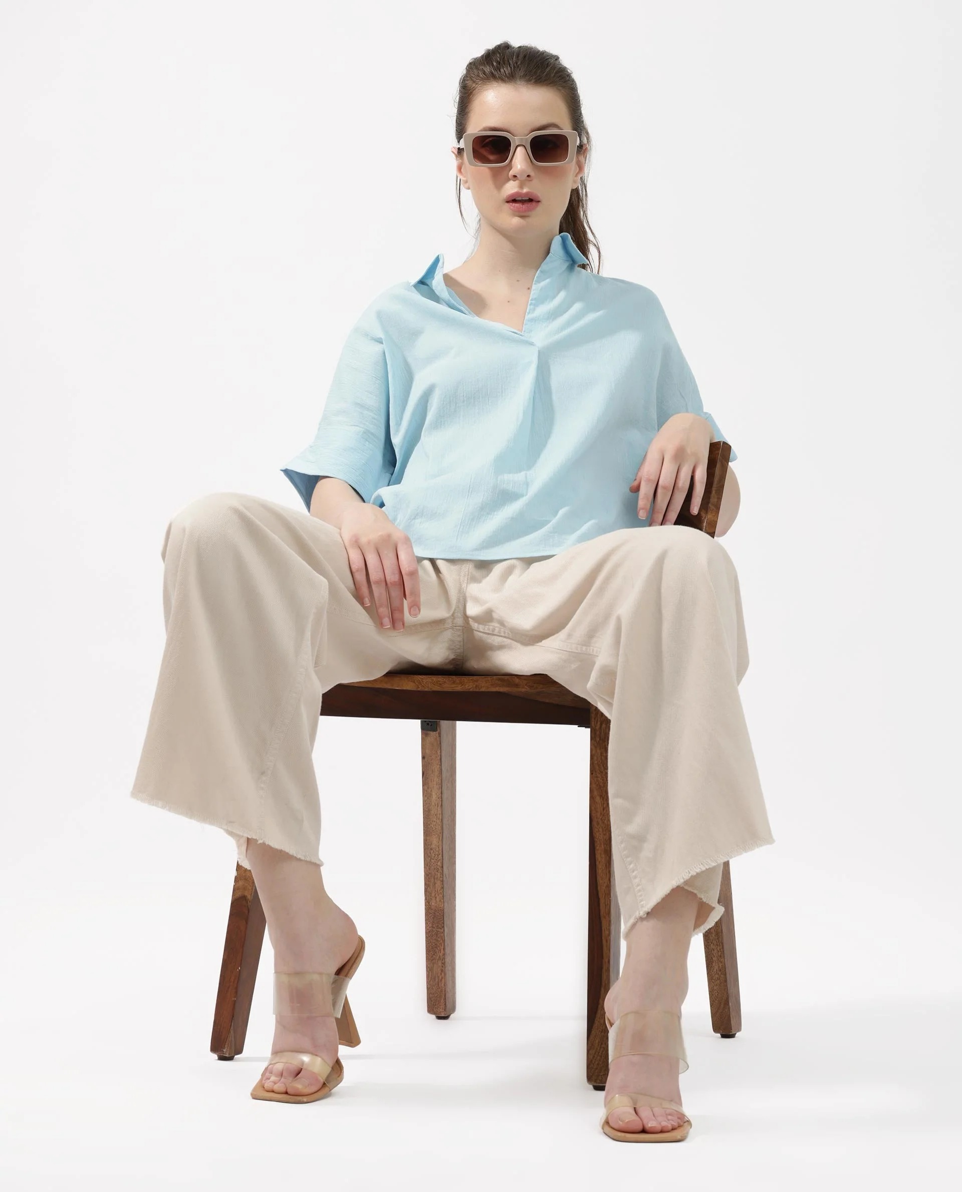 Rareism Women's Azzure Blue Cotton Spread Collar Plain Extended Sleeves Boxy Fit Top - Image 8