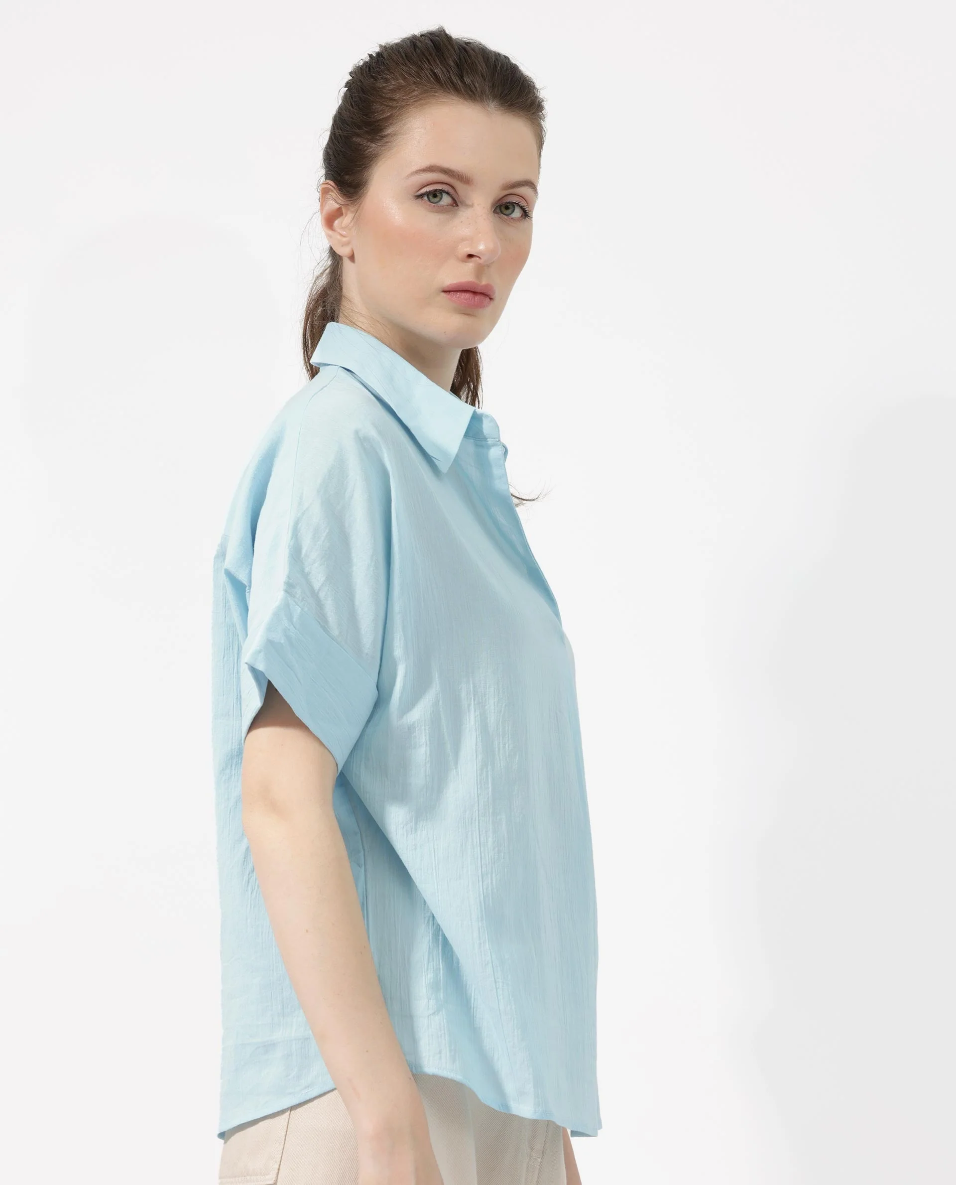 Rareism Women's Azzure Blue Cotton Spread Collar Plain Extended Sleeves Boxy Fit Top - Image 9