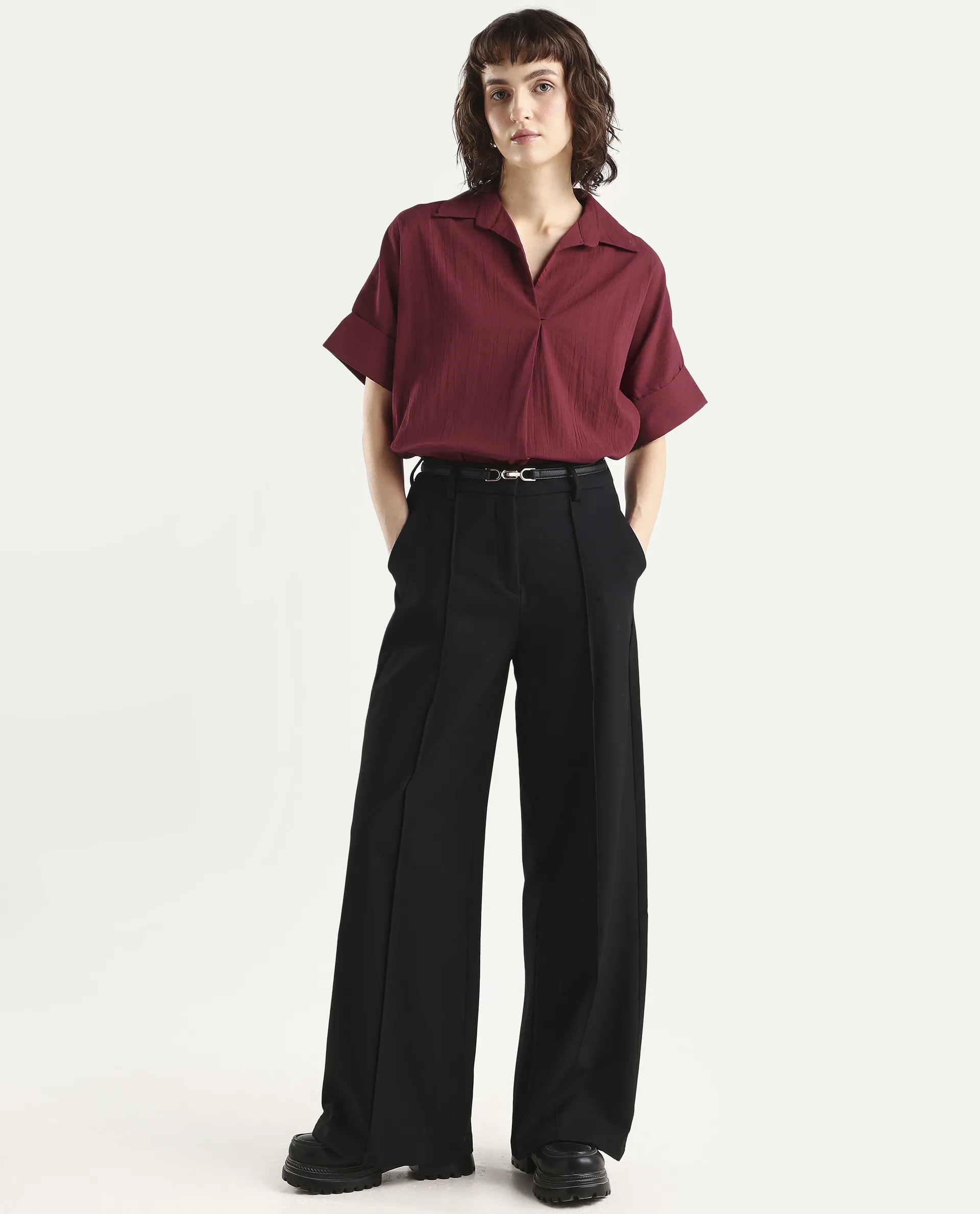 Rareism Women's Azzure Dark Red Cotton Half Sleeve Jonny Collar Boxy Fit plain Top - Image 2