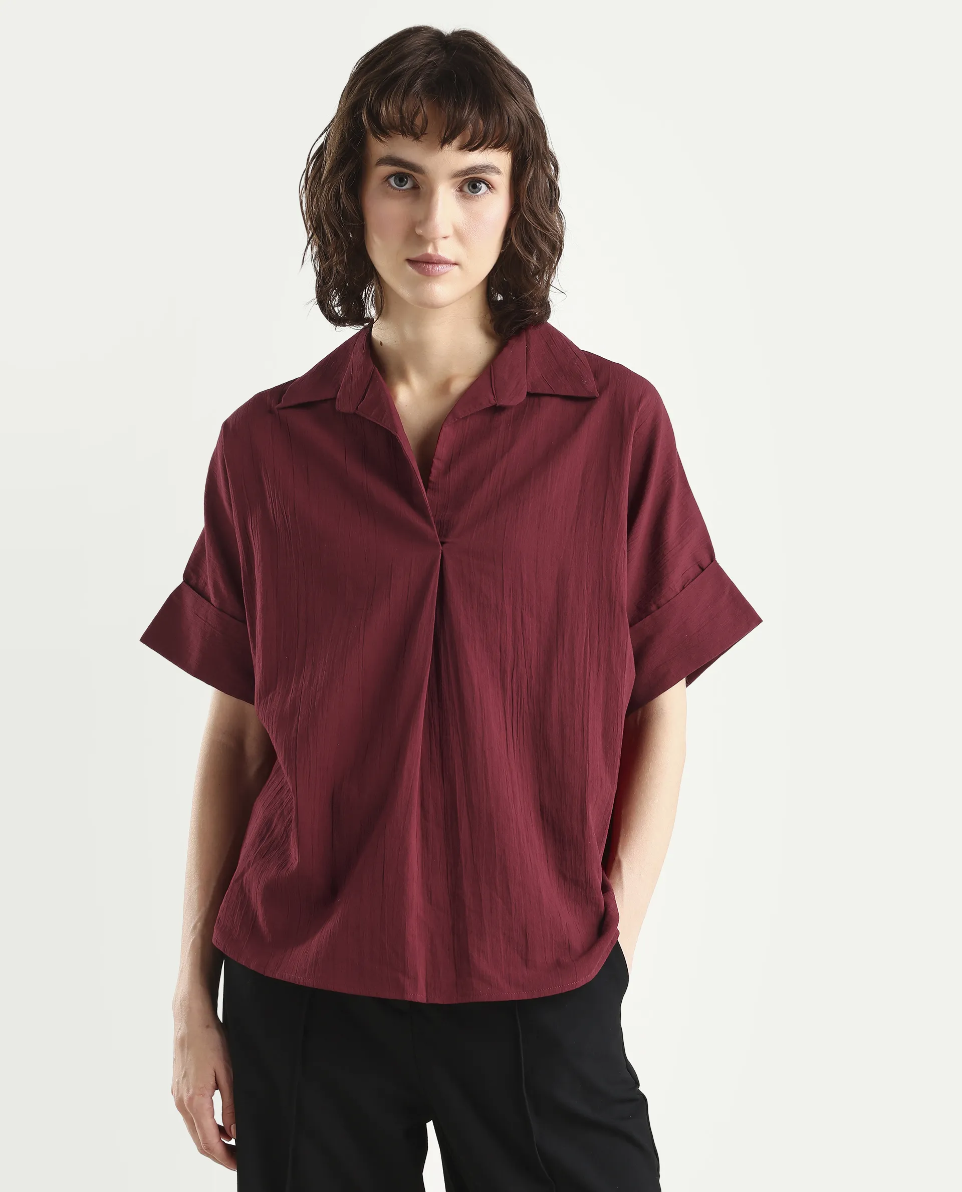 Rareism Women's Azzure Dark Red Cotton Half Sleeve Jonny Collar Boxy Fit plain Top - Image 3