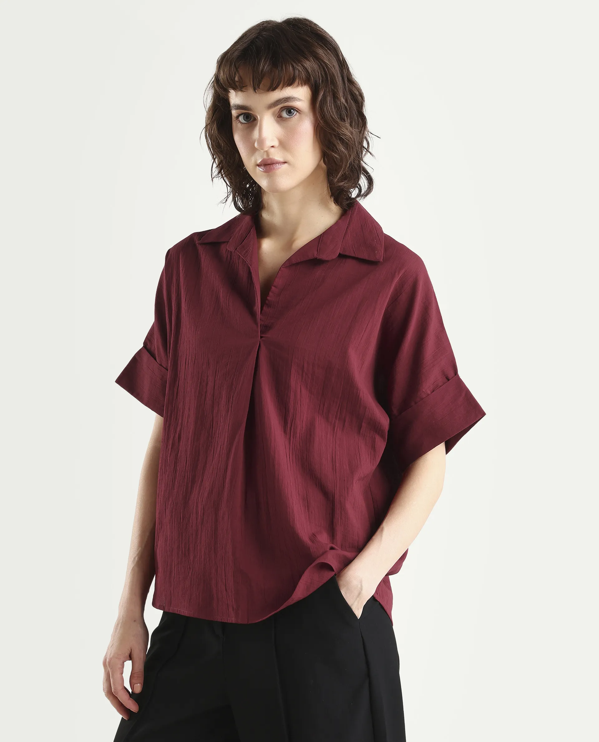 Rareism Women's Azzure Dark Red Cotton Half Sleeve Jonny Collar Boxy Fit plain Top - Image 5