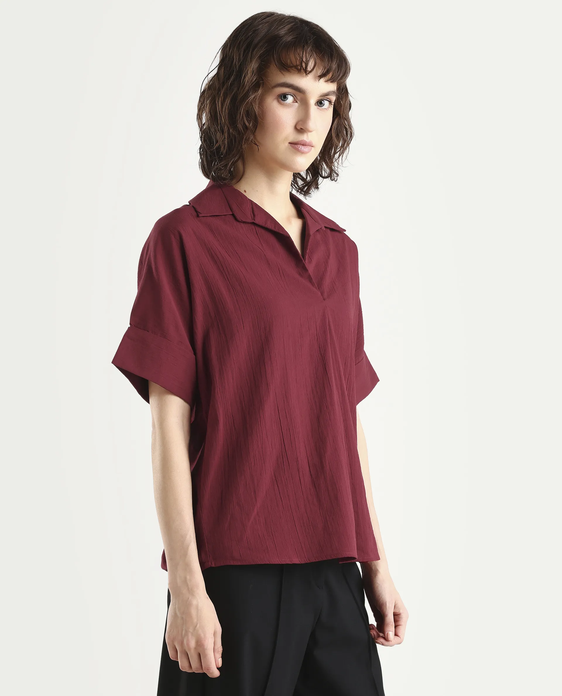 Rareism Women's Azzure Dark Red Cotton Half Sleeve Jonny Collar Boxy Fit plain Top - Image 6