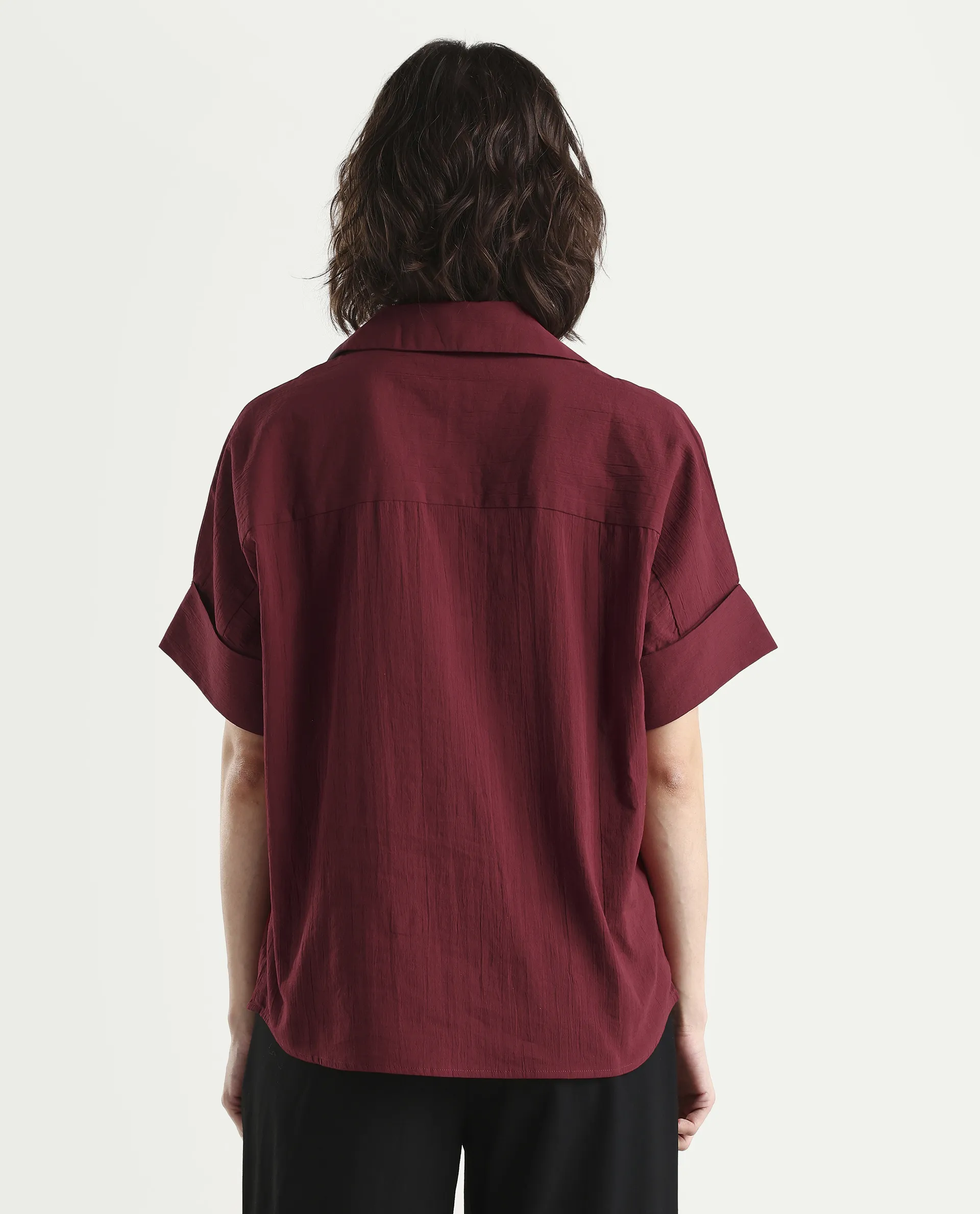 Rareism Women's Azzure Dark Red Cotton Half Sleeve Jonny Collar Boxy Fit plain Top - Image 7