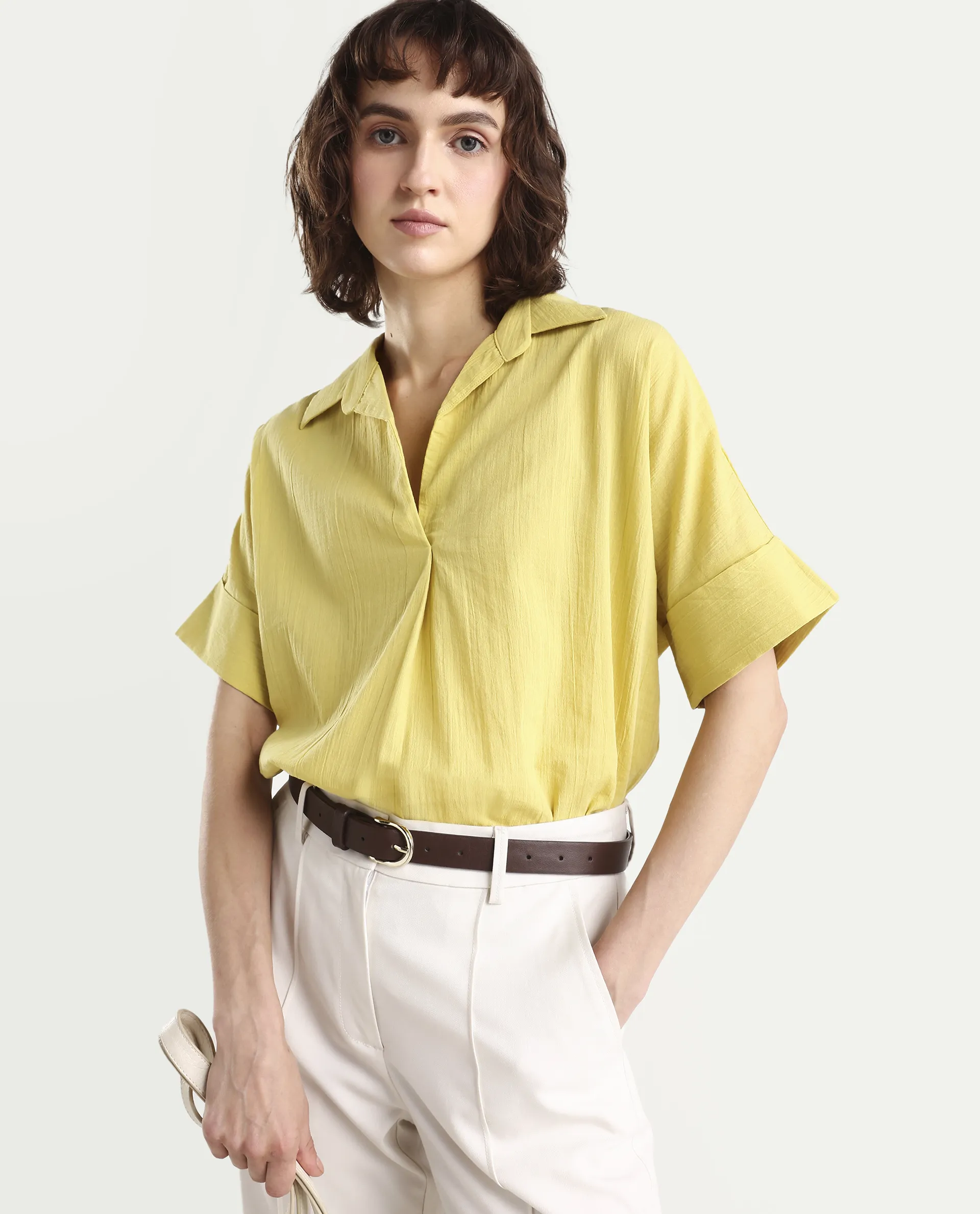 Rareism Women's Azzure Light Green Cotton Half Sleeve Jonny Collar Boxy Fit plain Top