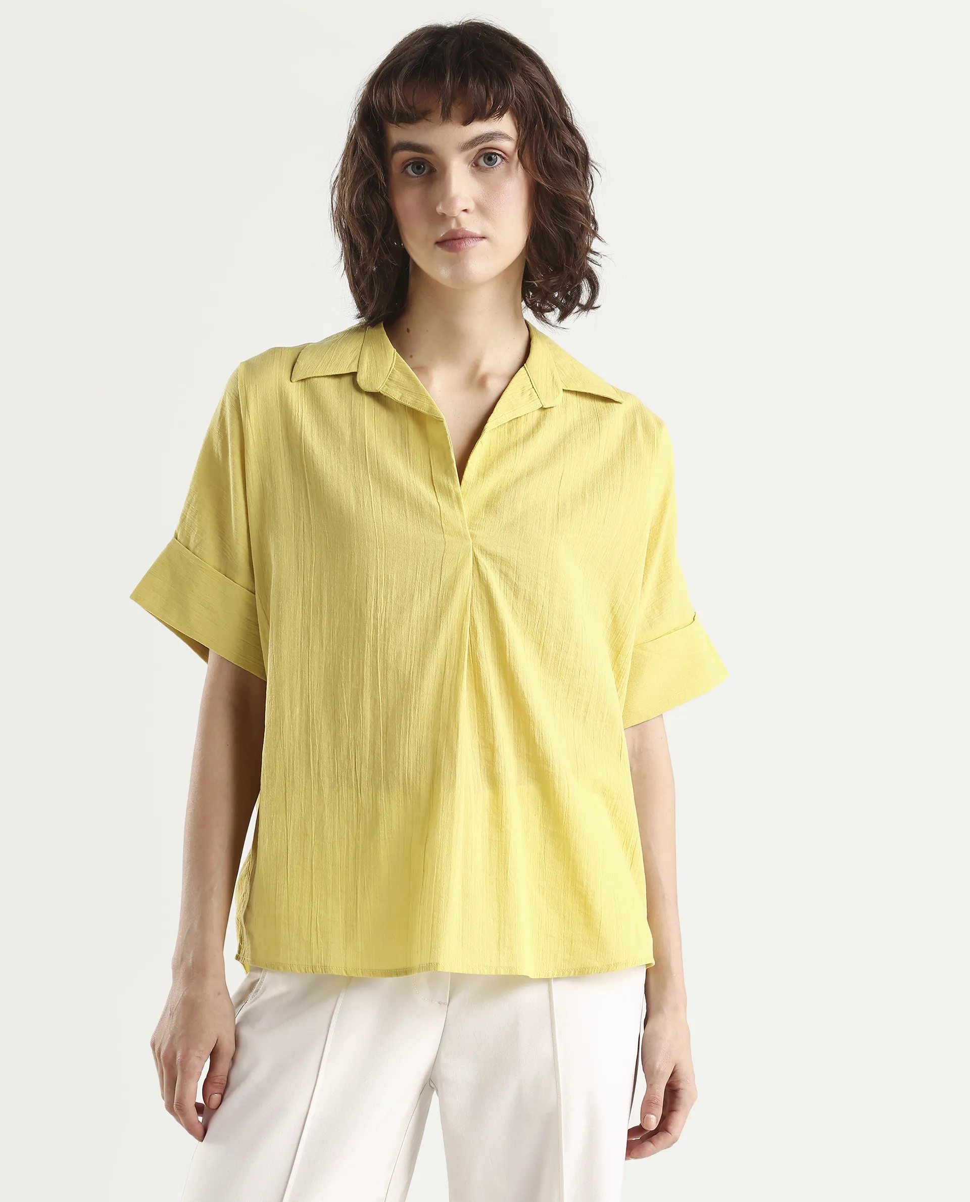 Rareism Women's Azzure Light Green Cotton Half Sleeve Jonny Collar Boxy Fit plain Top - Image 3