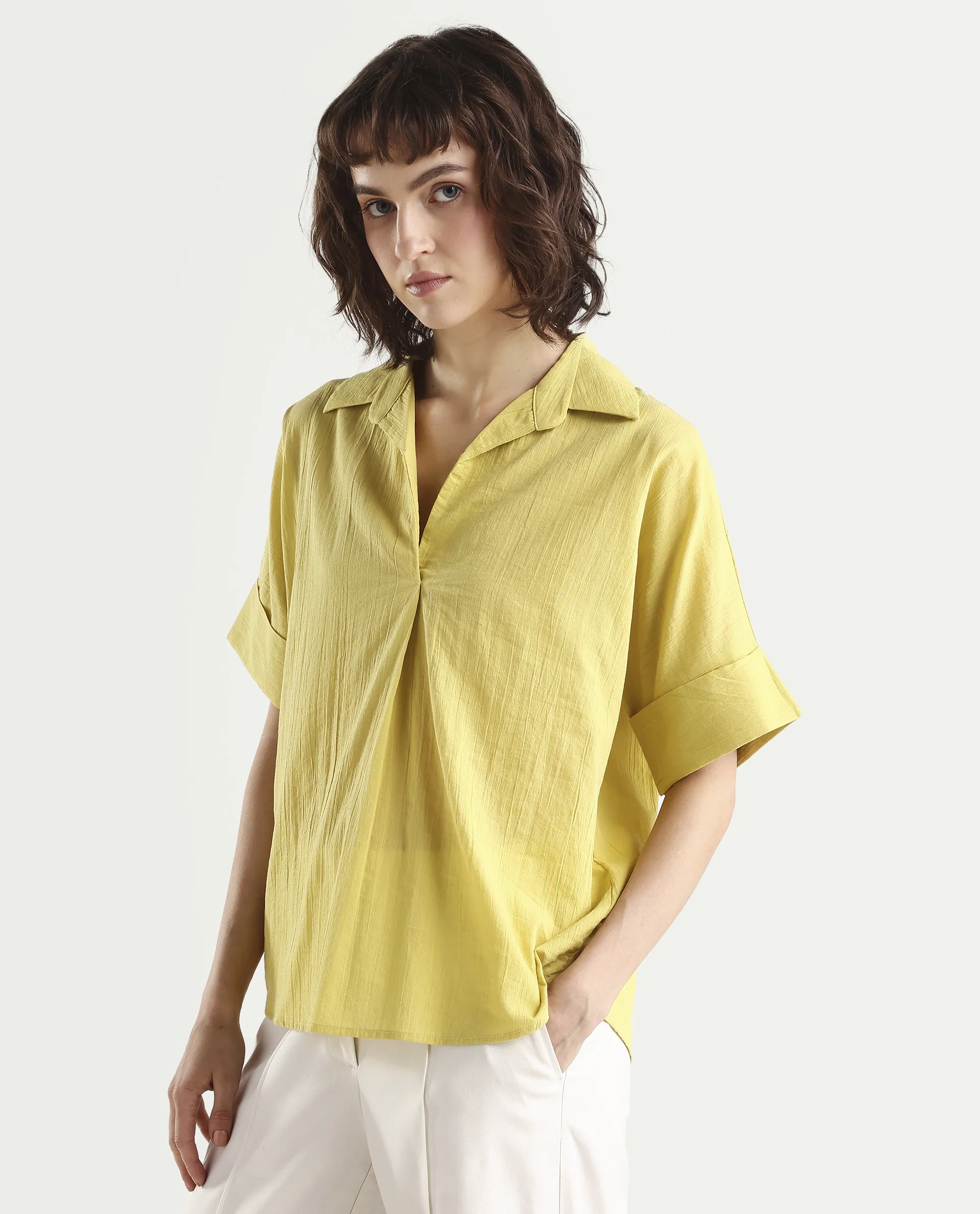 Rareism Women's Azzure Light Green Cotton Half Sleeve Jonny Collar Boxy Fit plain Top - Image 5
