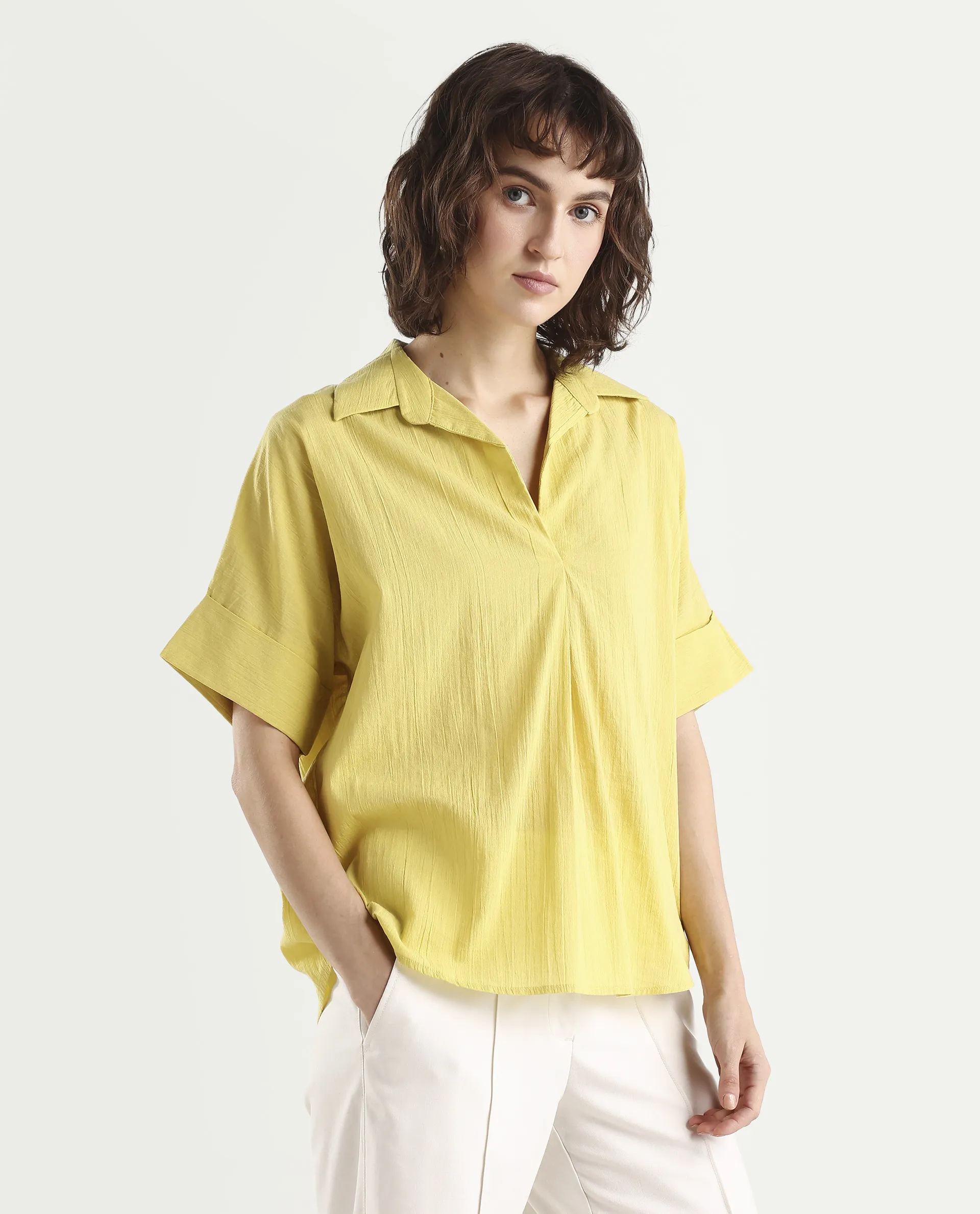 Rareism Women's Azzure Light Green Cotton Half Sleeve Jonny Collar Boxy Fit plain Top - Image 6